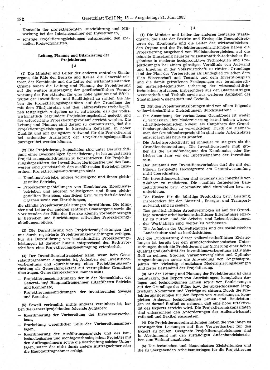 Gesetzblatt (GBl.) der Deutschen Demokratischen Republik (DDR) Teil Ⅰ 1985, Seite 182 (GBl. DDR Ⅰ 1985, S. 182)