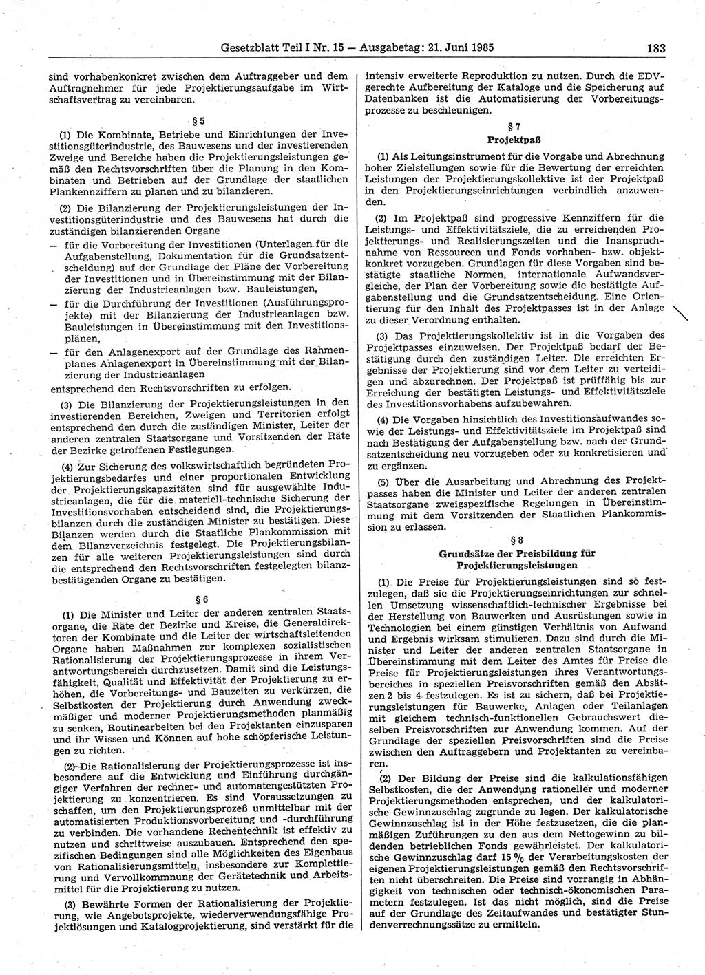 Gesetzblatt (GBl.) der Deutschen Demokratischen Republik (DDR) Teil Ⅰ 1985, Seite 183 (GBl. DDR Ⅰ 1985, S. 183)