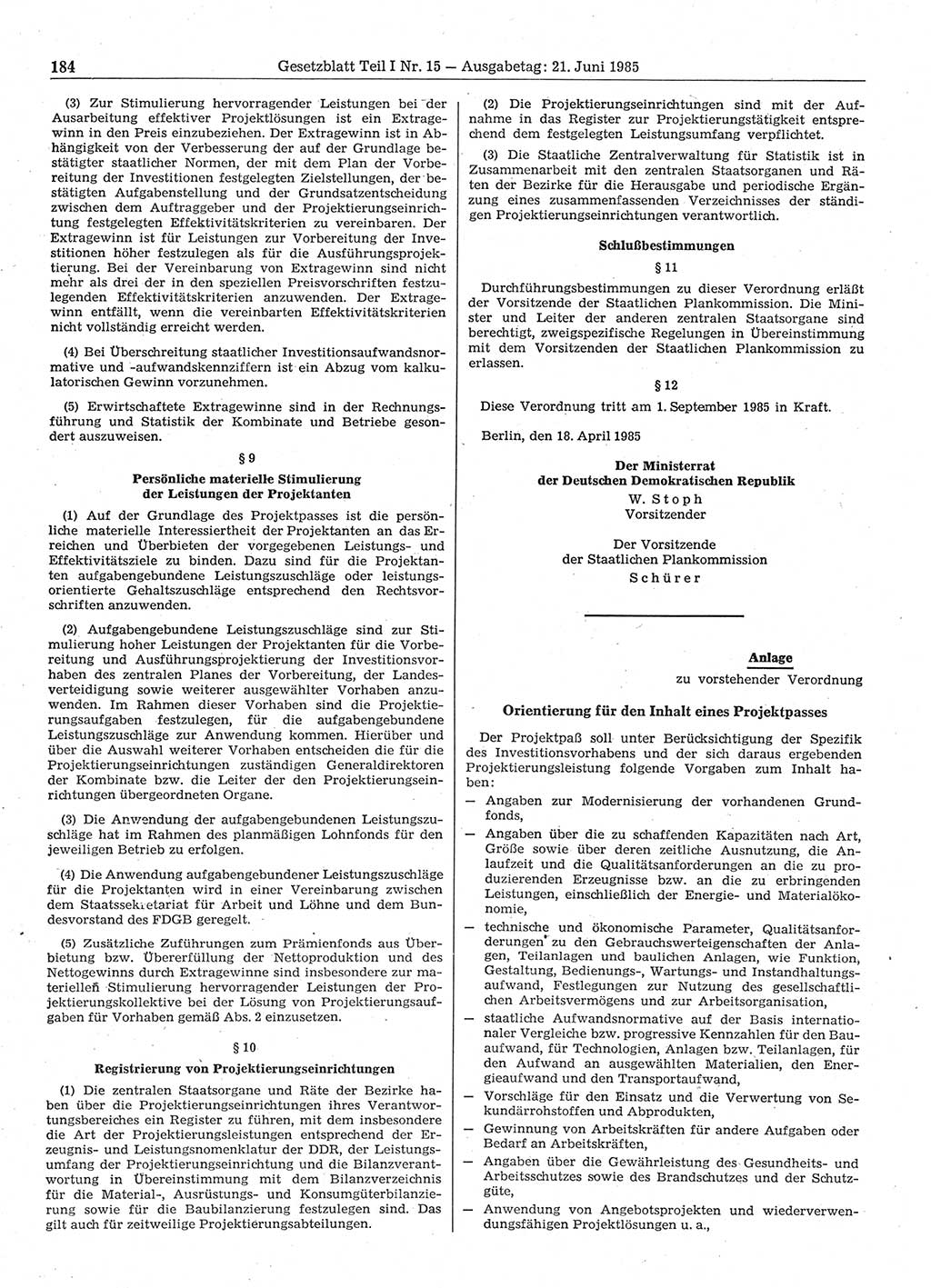 Gesetzblatt (GBl.) der Deutschen Demokratischen Republik (DDR) Teil Ⅰ 1985, Seite 184 (GBl. DDR Ⅰ 1985, S. 184)