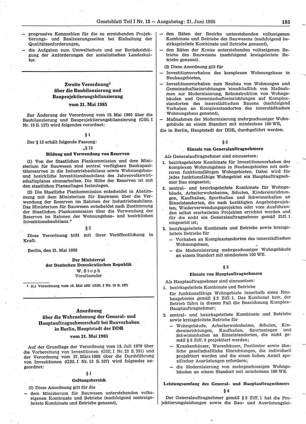 Gesetzblatt (GBl.) der Deutschen Demokratischen Republik (DDR) Teil Ⅰ 1985, Seite 185 (GBl. DDR Ⅰ 1985, S. 185)