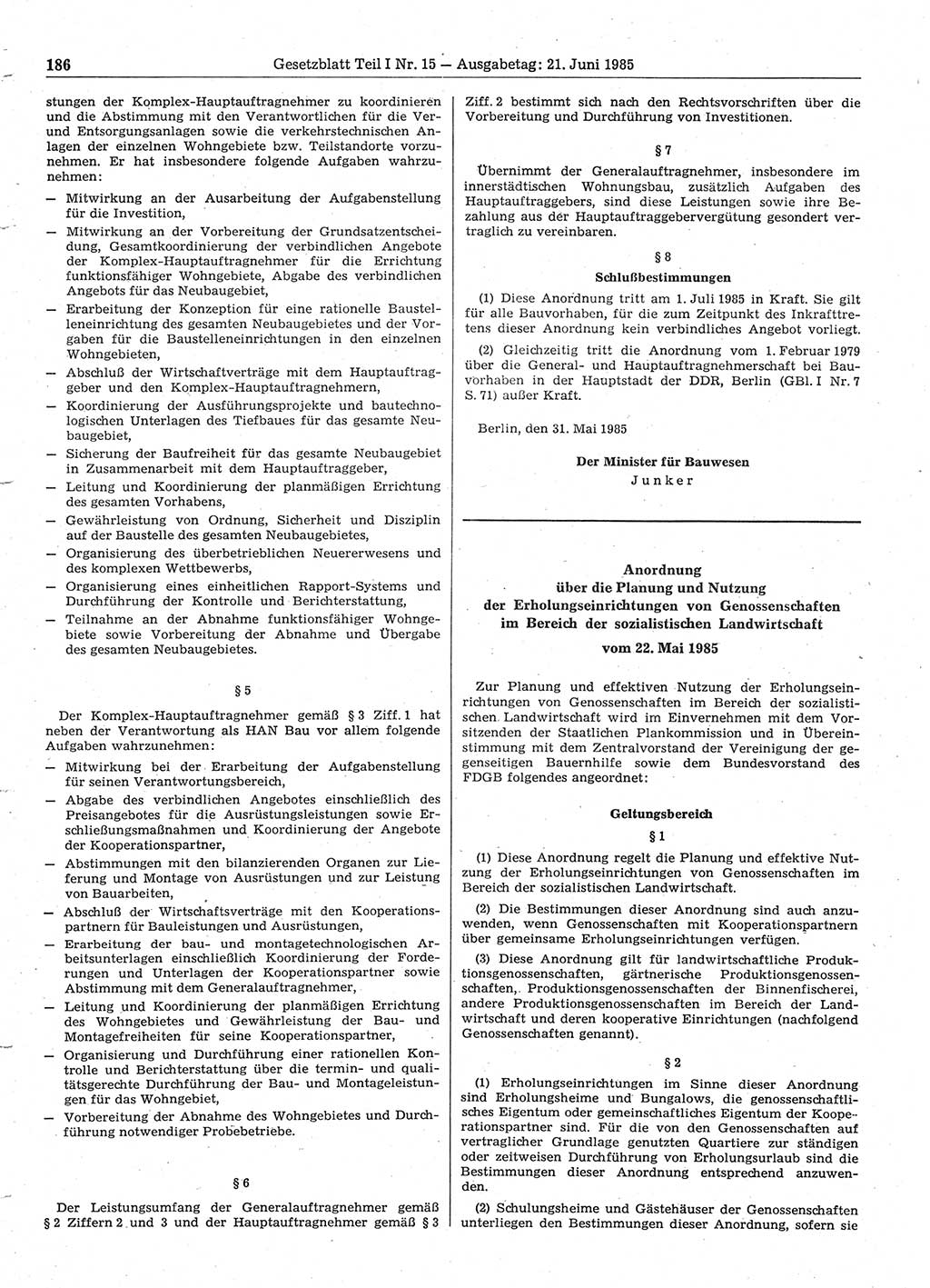 Gesetzblatt (GBl.) der Deutschen Demokratischen Republik (DDR) Teil Ⅰ 1985, Seite 186 (GBl. DDR Ⅰ 1985, S. 186)