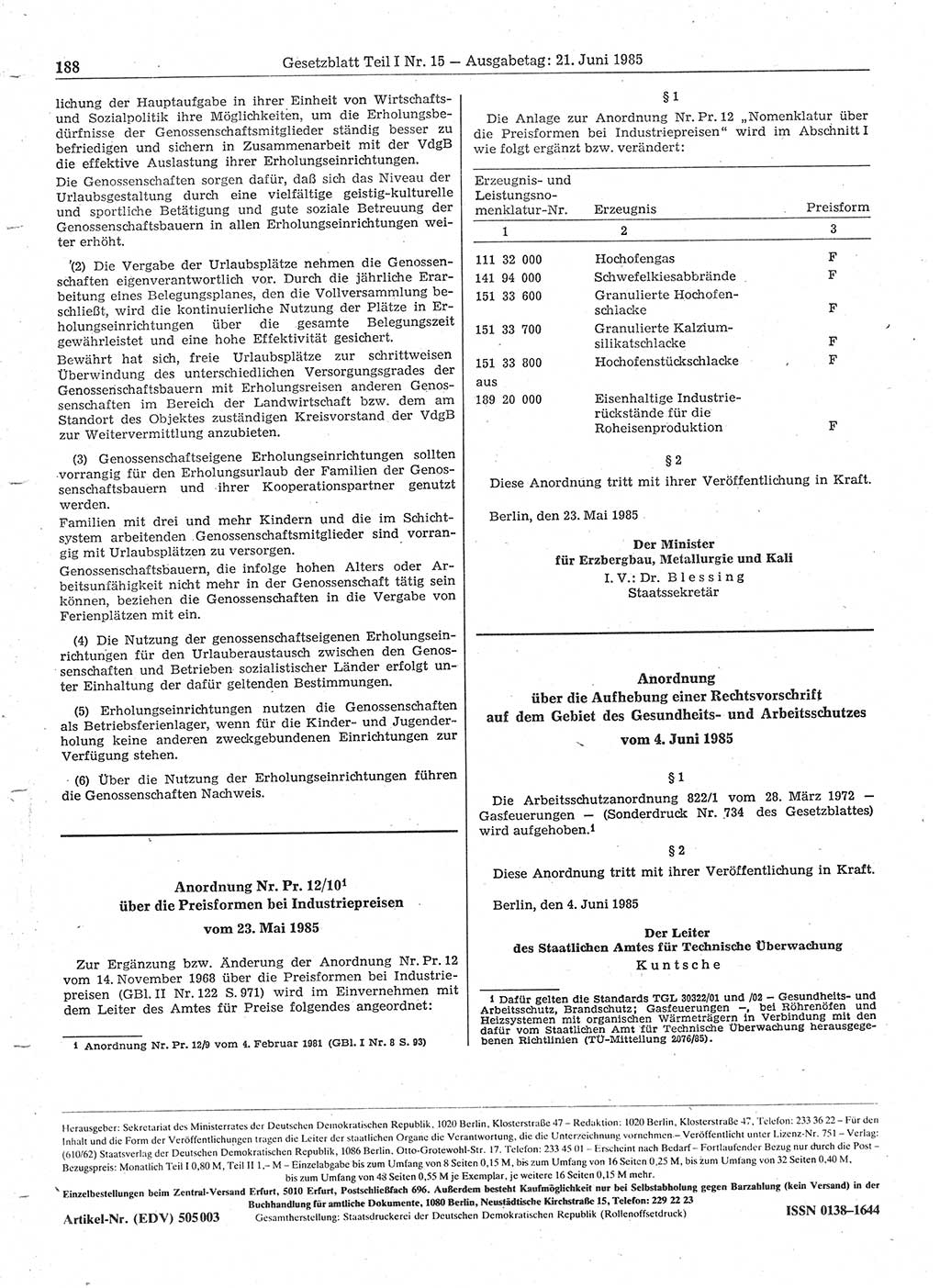 Gesetzblatt (GBl.) der Deutschen Demokratischen Republik (DDR) Teil Ⅰ 1985, Seite 188 (GBl. DDR Ⅰ 1985, S. 188)