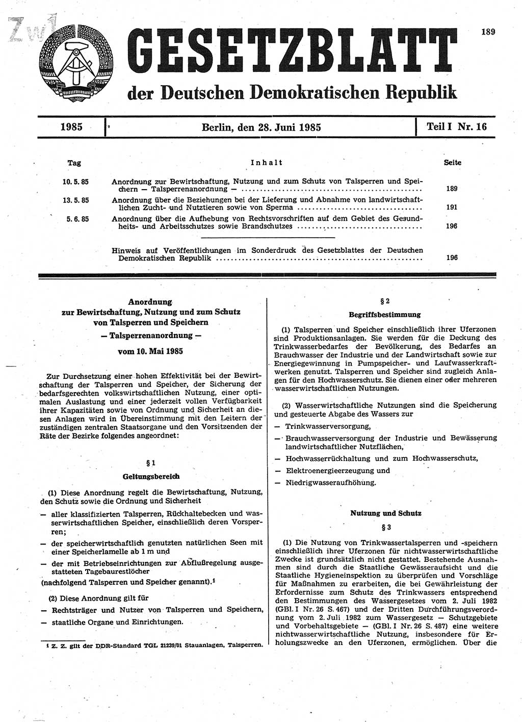 Gesetzblatt (GBl.) der Deutschen Demokratischen Republik (DDR) Teil Ⅰ 1985, Seite 189 (GBl. DDR Ⅰ 1985, S. 189)