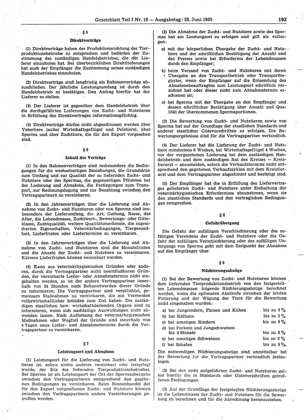 Gesetzblatt (GBl.) der Deutschen Demokratischen Republik (DDR) Teil Ⅰ 1985, Seite 193 (GBl. DDR Ⅰ 1985, S. 193)