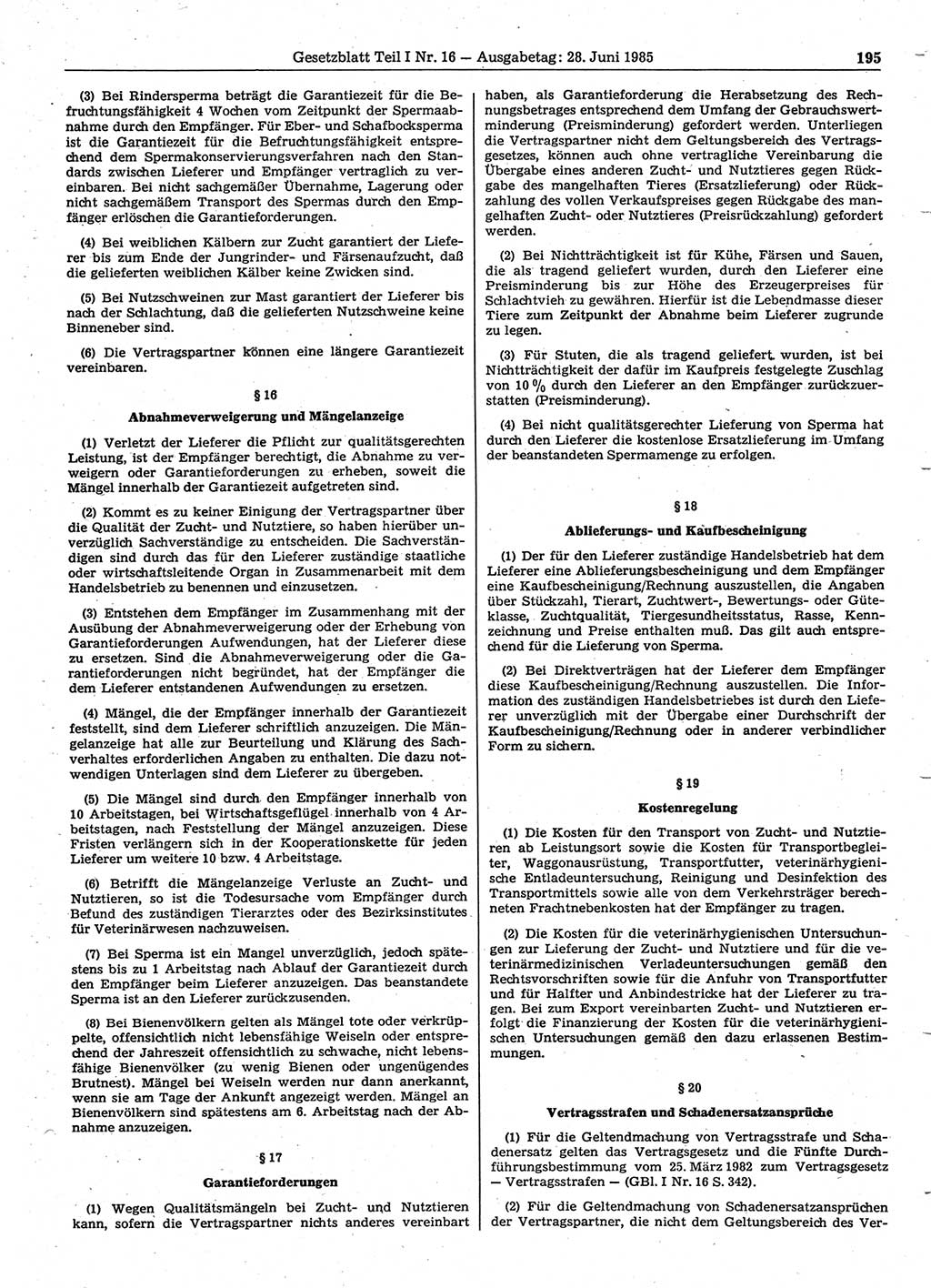 Gesetzblatt (GBl.) der Deutschen Demokratischen Republik (DDR) Teil Ⅰ 1985, Seite 195 (GBl. DDR Ⅰ 1985, S. 195)