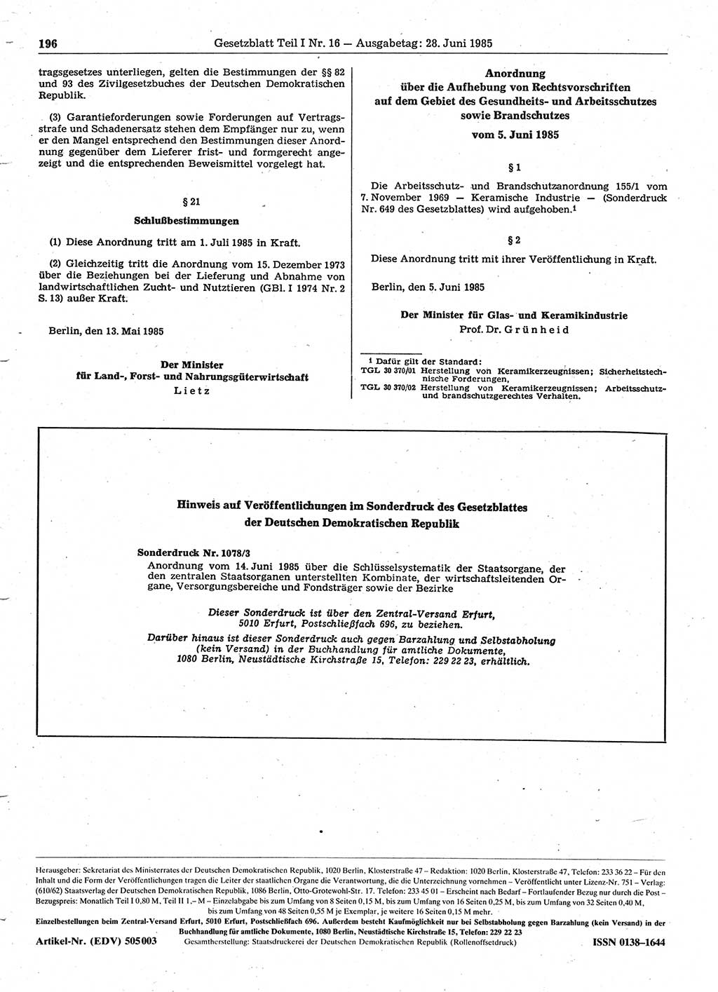 Gesetzblatt (GBl.) der Deutschen Demokratischen Republik (DDR) Teil Ⅰ 1985, Seite 196 (GBl. DDR Ⅰ 1985, S. 196)