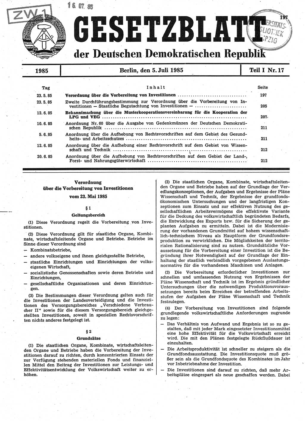 Gesetzblatt (GBl.) der Deutschen Demokratischen Republik (DDR) Teil Ⅰ 1985, Seite 197 (GBl. DDR Ⅰ 1985, S. 197)