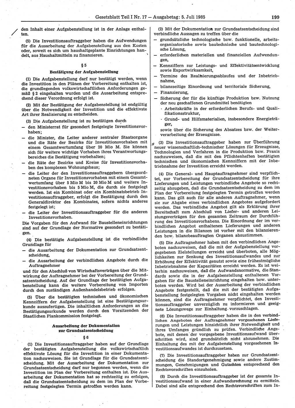 Gesetzblatt (GBl.) der Deutschen Demokratischen Republik (DDR) Teil Ⅰ 1985, Seite 199 (GBl. DDR Ⅰ 1985, S. 199)