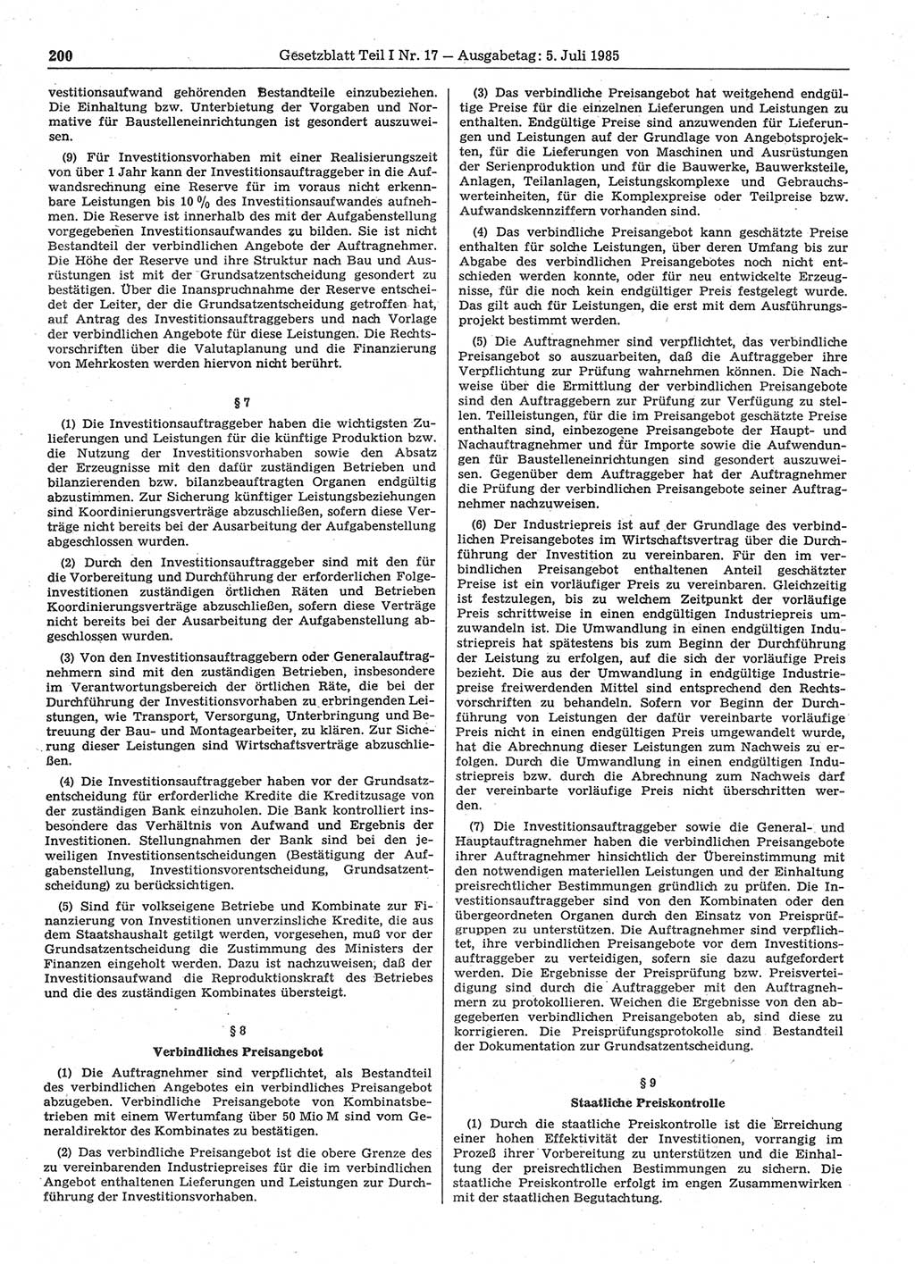 Gesetzblatt (GBl.) der Deutschen Demokratischen Republik (DDR) Teil Ⅰ 1985, Seite 200 (GBl. DDR Ⅰ 1985, S. 200)