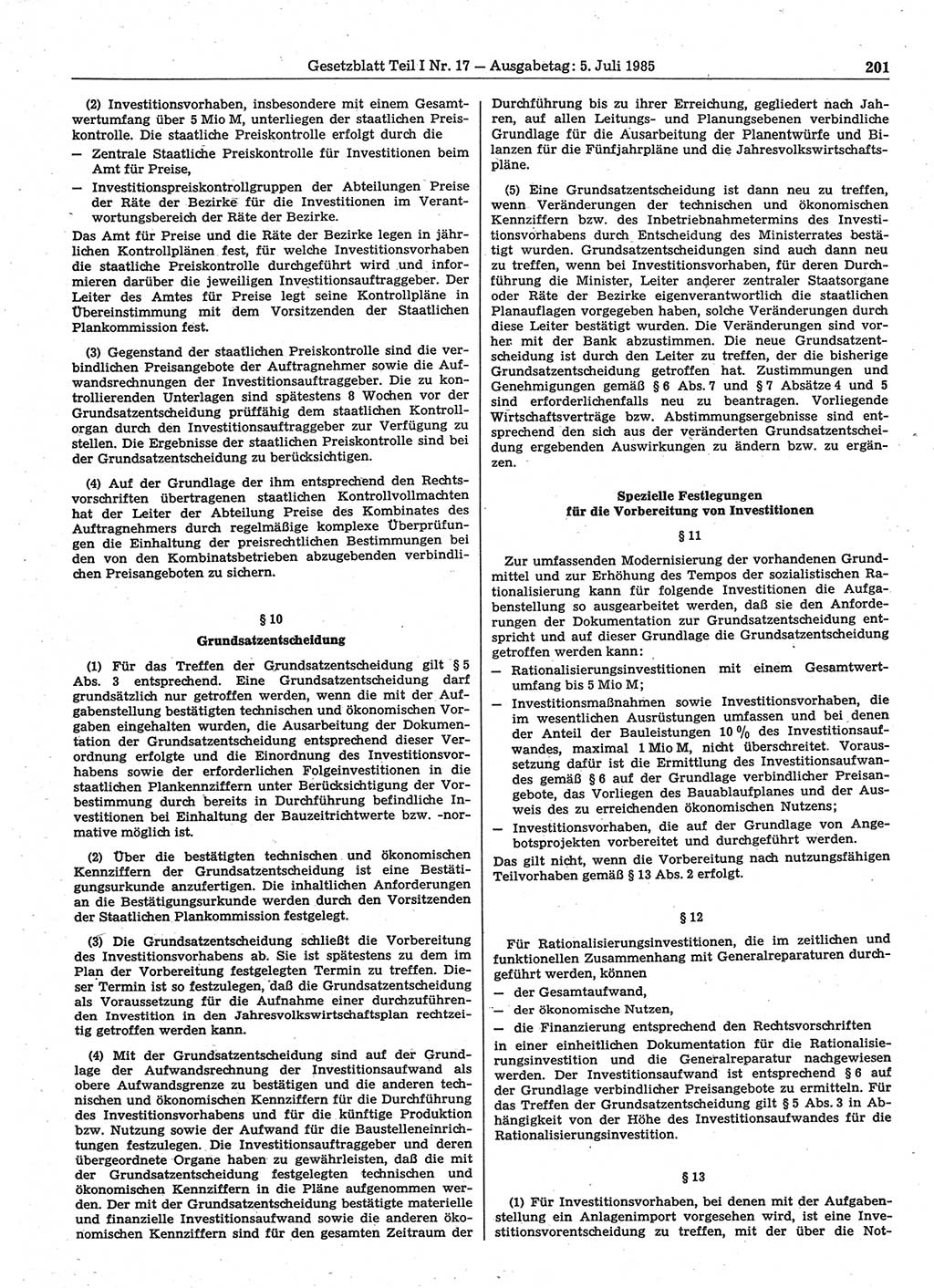 Gesetzblatt (GBl.) der Deutschen Demokratischen Republik (DDR) Teil Ⅰ 1985, Seite 201 (GBl. DDR Ⅰ 1985, S. 201)