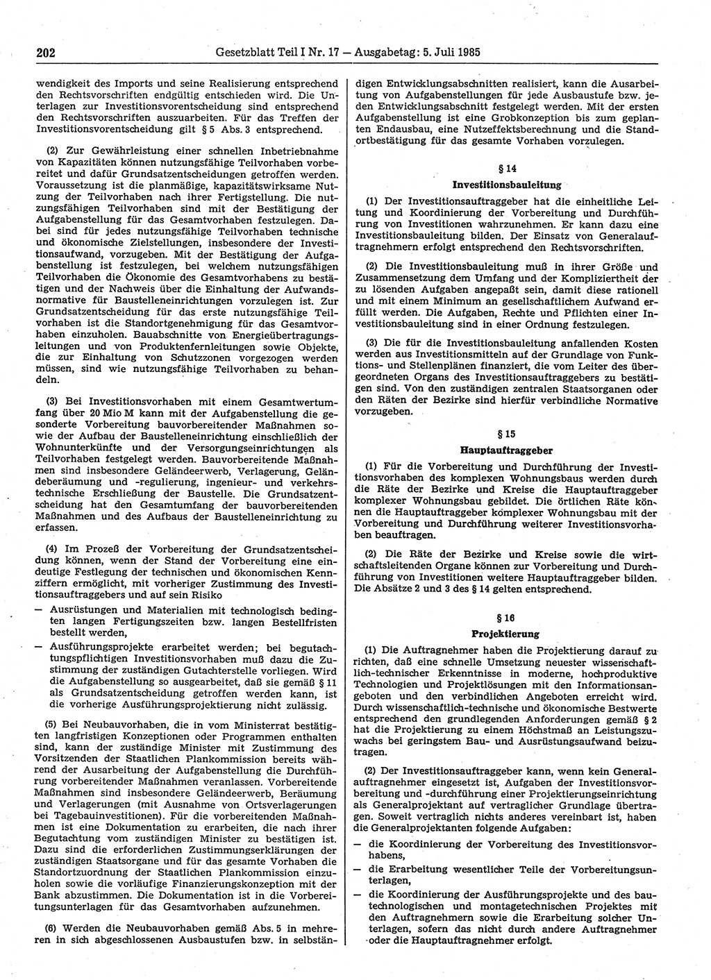 Gesetzblatt (GBl.) der Deutschen Demokratischen Republik (DDR) Teil Ⅰ 1985, Seite 202 (GBl. DDR Ⅰ 1985, S. 202)