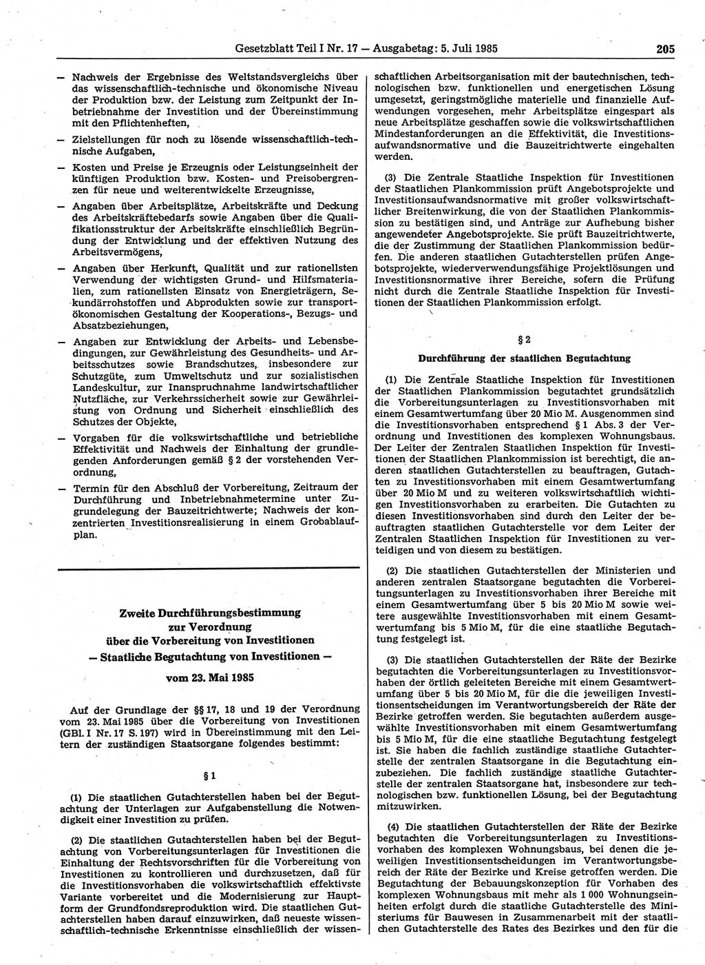 Gesetzblatt (GBl.) der Deutschen Demokratischen Republik (DDR) Teil Ⅰ 1985, Seite 205 (GBl. DDR Ⅰ 1985, S. 205)