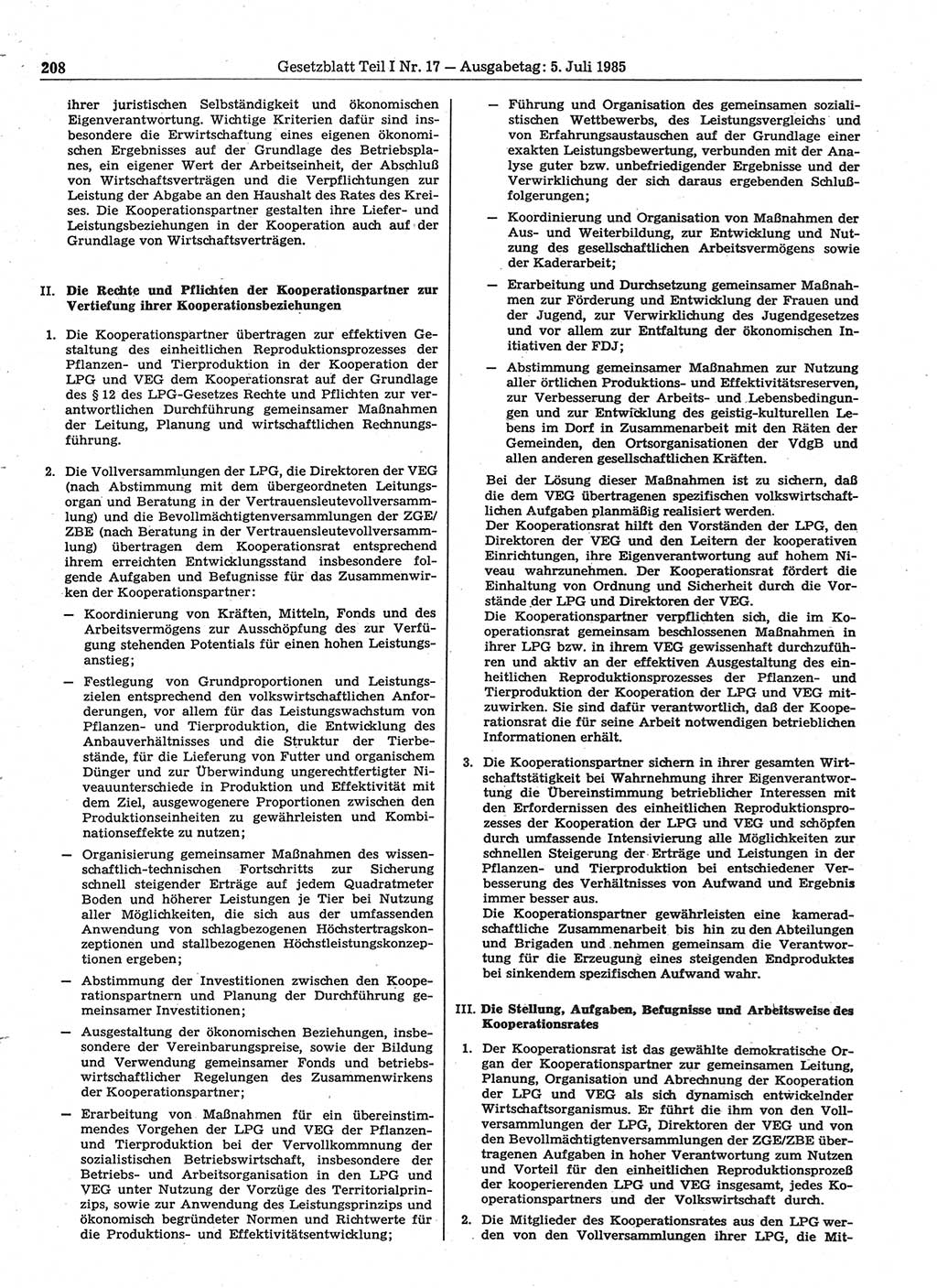 Gesetzblatt (GBl.) der Deutschen Demokratischen Republik (DDR) Teil Ⅰ 1985, Seite 208 (GBl. DDR Ⅰ 1985, S. 208)