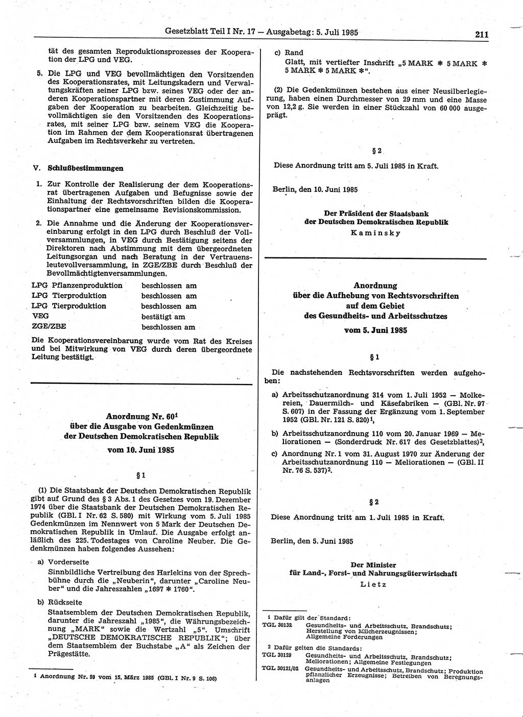 Gesetzblatt (GBl.) der Deutschen Demokratischen Republik (DDR) Teil Ⅰ 1985, Seite 211 (GBl. DDR Ⅰ 1985, S. 211)