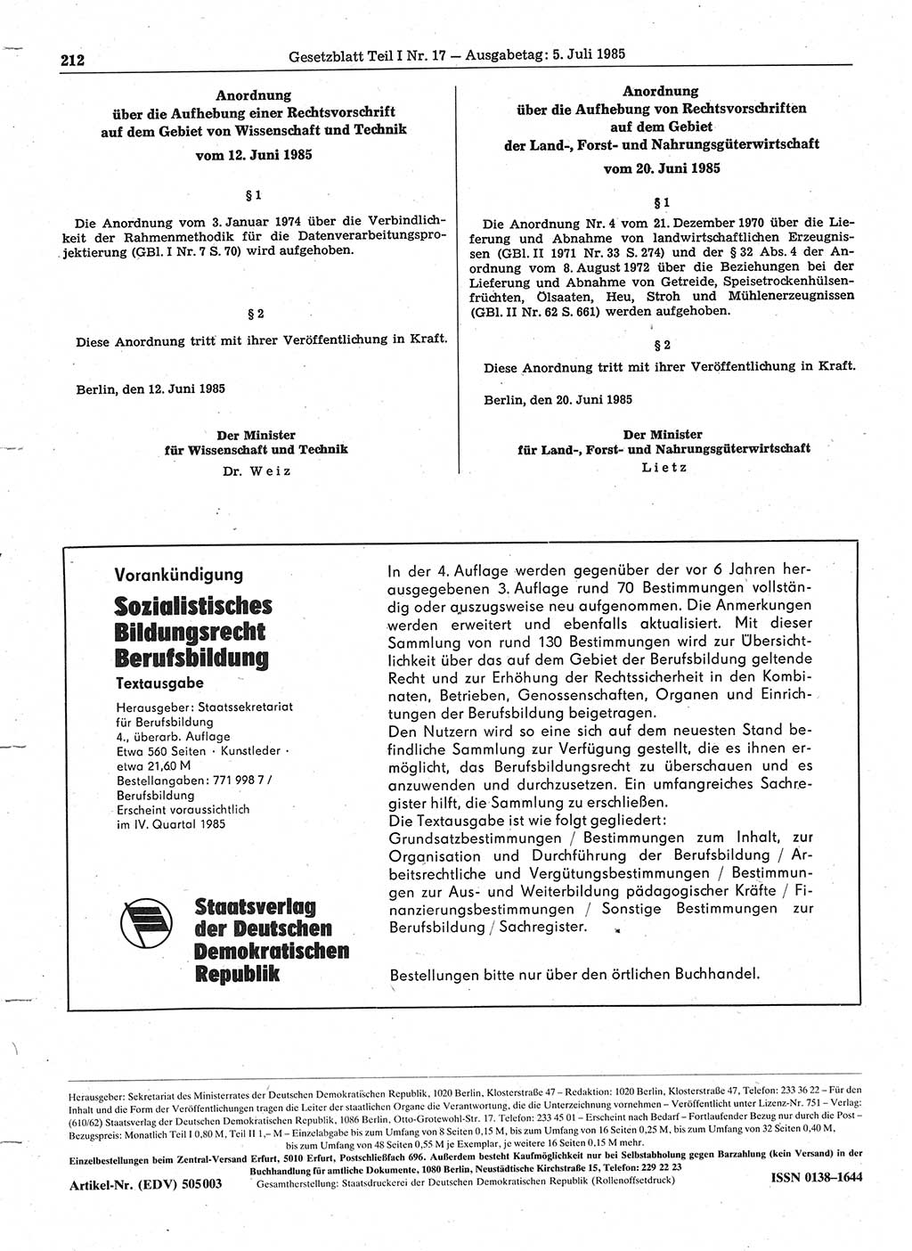 Gesetzblatt (GBl.) der Deutschen Demokratischen Republik (DDR) Teil Ⅰ 1985, Seite 212 (GBl. DDR Ⅰ 1985, S. 212)