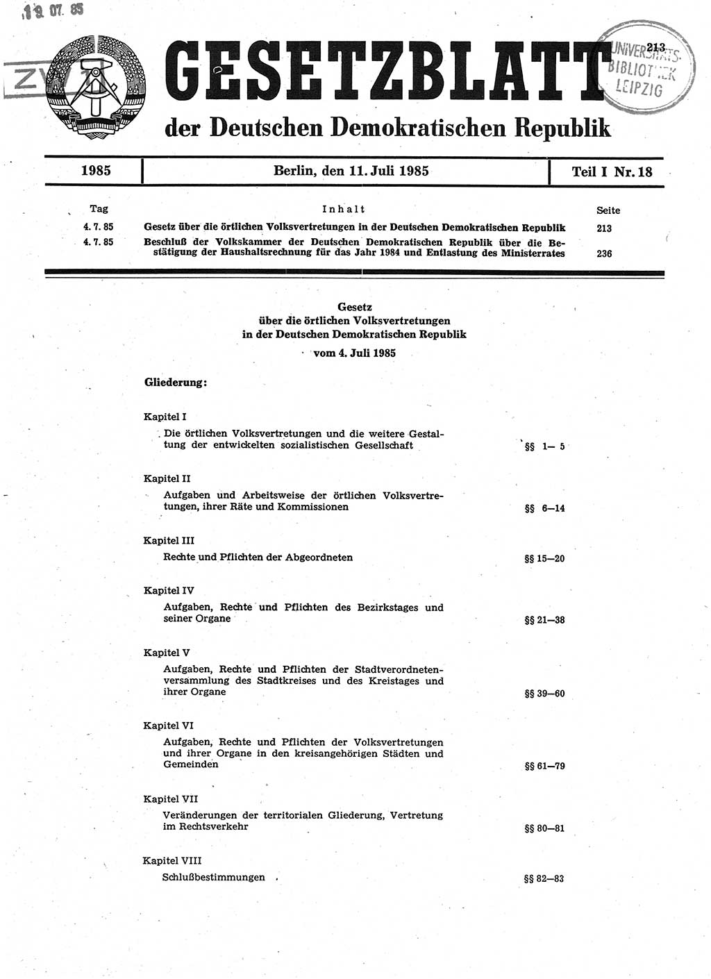 Gesetzblatt (GBl.) der Deutschen Demokratischen Republik (DDR) Teil Ⅰ 1985, Seite 213 (GBl. DDR Ⅰ 1985, S. 213)