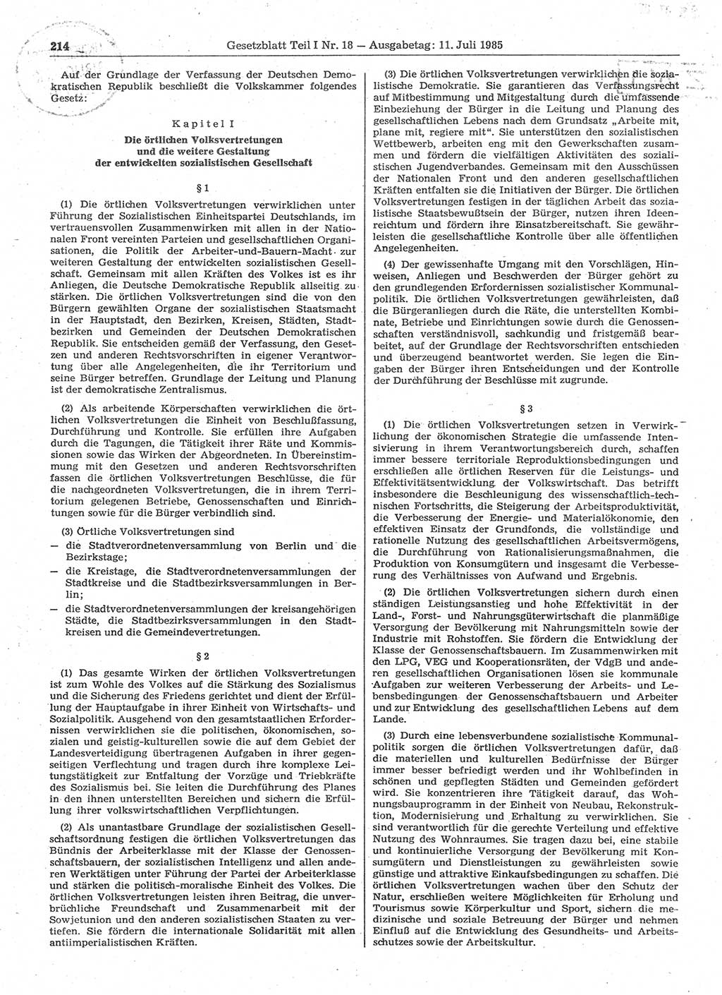 Gesetzblatt (GBl.) der Deutschen Demokratischen Republik (DDR) Teil Ⅰ 1985, Seite 214 (GBl. DDR Ⅰ 1985, S. 214)