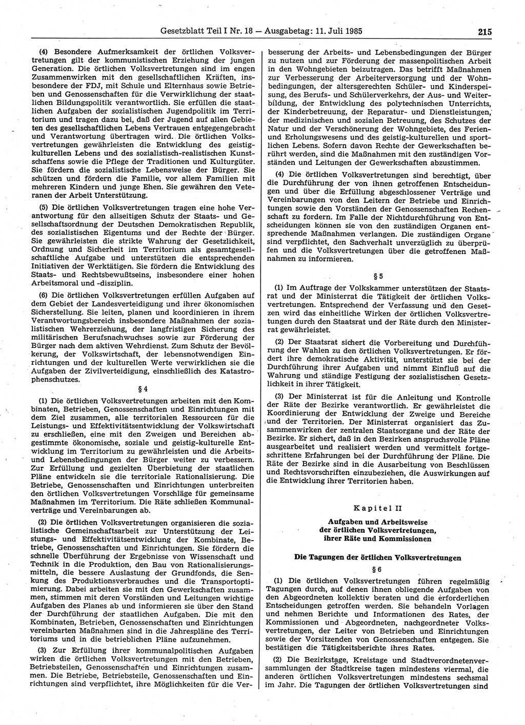 Gesetzblatt (GBl.) der Deutschen Demokratischen Republik (DDR) Teil Ⅰ 1985, Seite 215 (GBl. DDR Ⅰ 1985, S. 215)