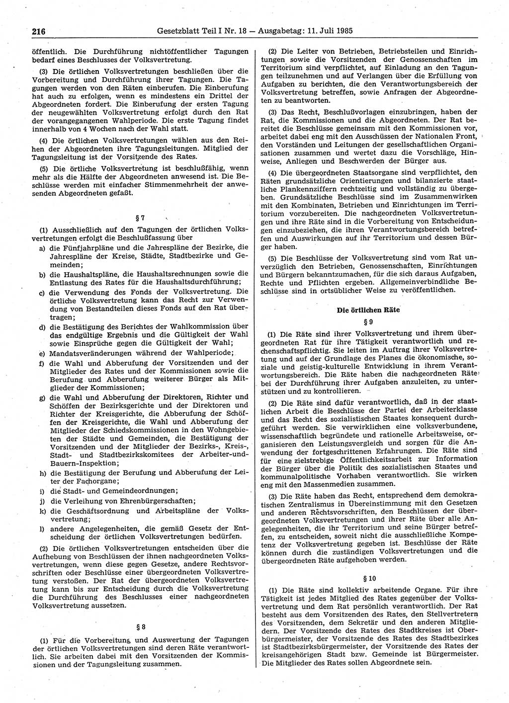 Gesetzblatt (GBl.) der Deutschen Demokratischen Republik (DDR) Teil Ⅰ 1985, Seite 216 (GBl. DDR Ⅰ 1985, S. 216)