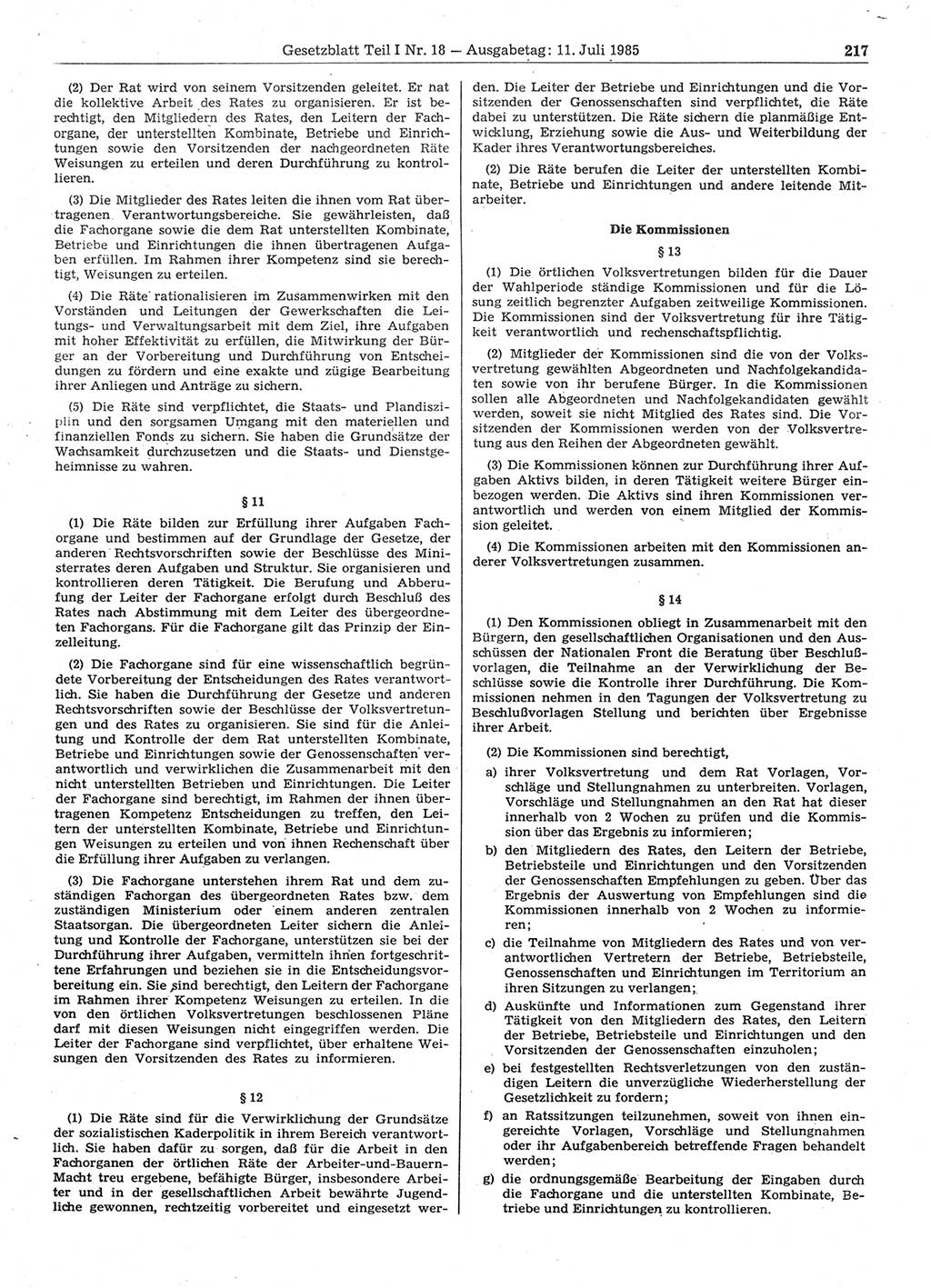 Gesetzblatt (GBl.) der Deutschen Demokratischen Republik (DDR) Teil Ⅰ 1985, Seite 217 (GBl. DDR Ⅰ 1985, S. 217)