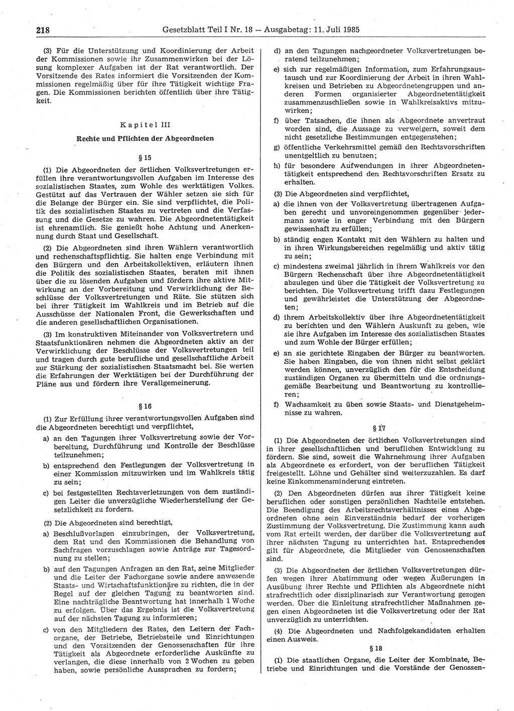 Gesetzblatt (GBl.) der Deutschen Demokratischen Republik (DDR) Teil Ⅰ 1985, Seite 218 (GBl. DDR Ⅰ 1985, S. 218)