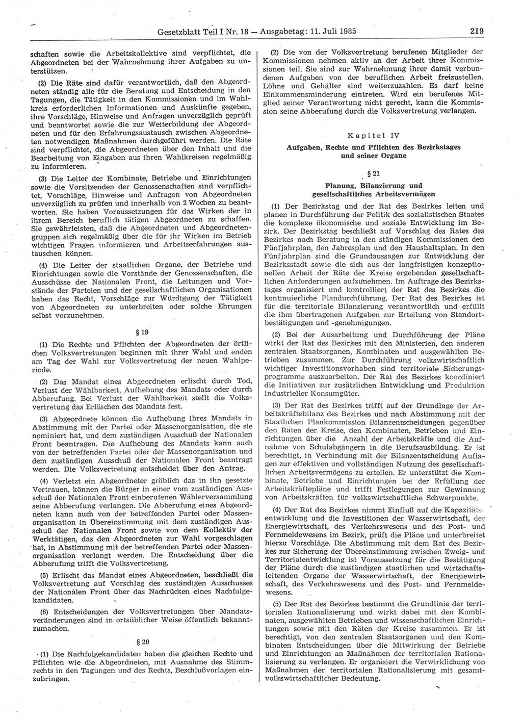 Gesetzblatt (GBl.) der Deutschen Demokratischen Republik (DDR) Teil Ⅰ 1985, Seite 219 (GBl. DDR Ⅰ 1985, S. 219)