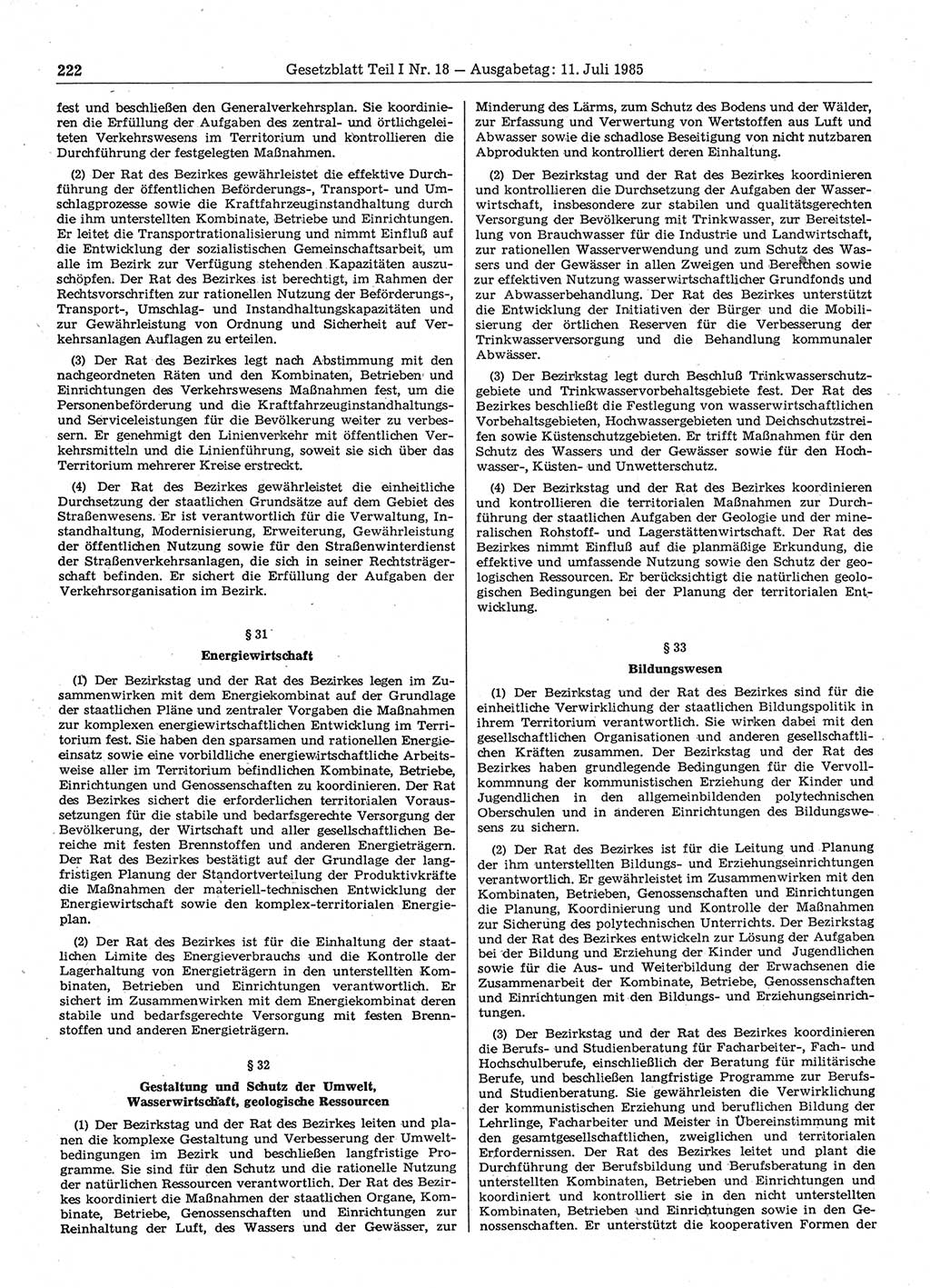 Gesetzblatt (GBl.) der Deutschen Demokratischen Republik (DDR) Teil Ⅰ 1985, Seite 222 (GBl. DDR Ⅰ 1985, S. 222)