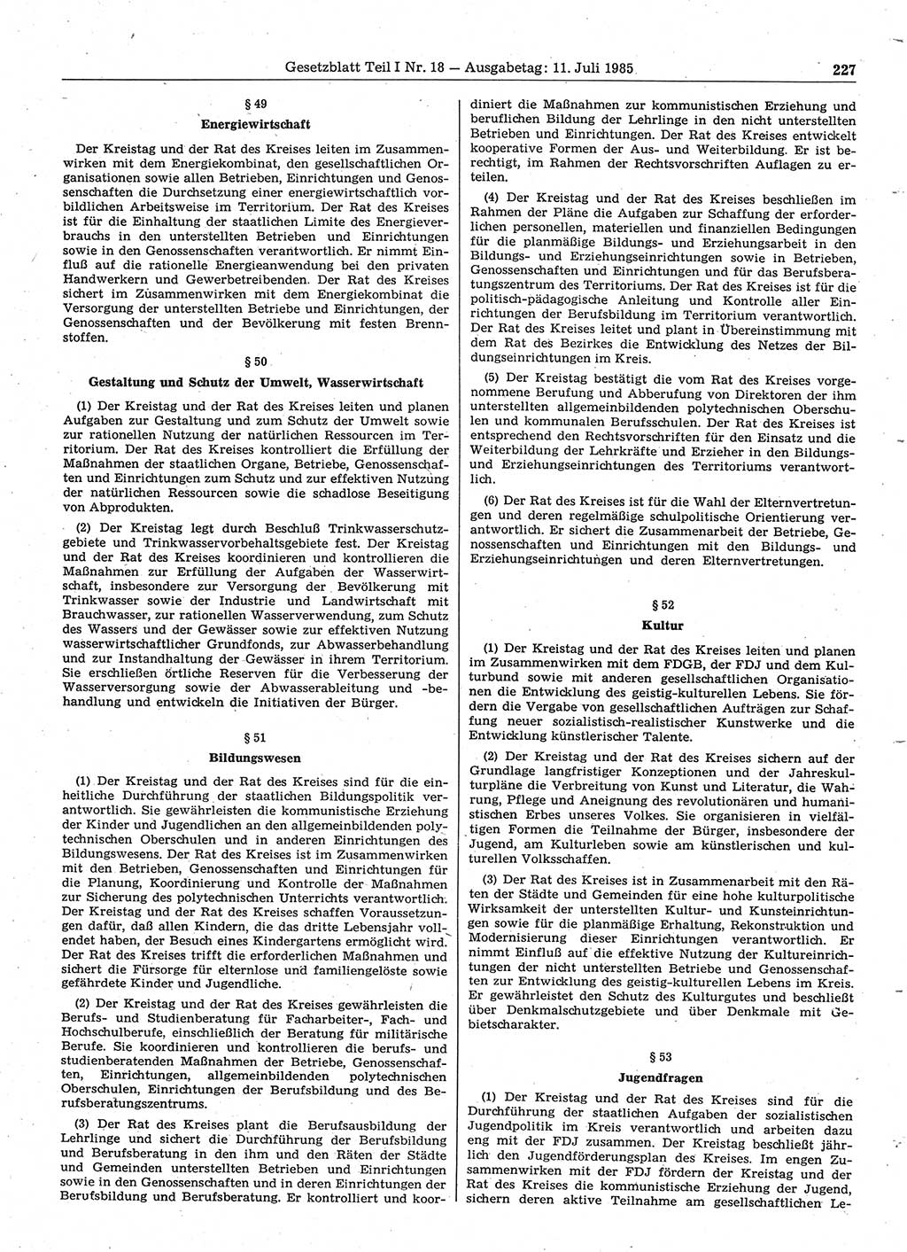 Gesetzblatt (GBl.) der Deutschen Demokratischen Republik (DDR) Teil Ⅰ 1985, Seite 227 (GBl. DDR Ⅰ 1985, S. 227)