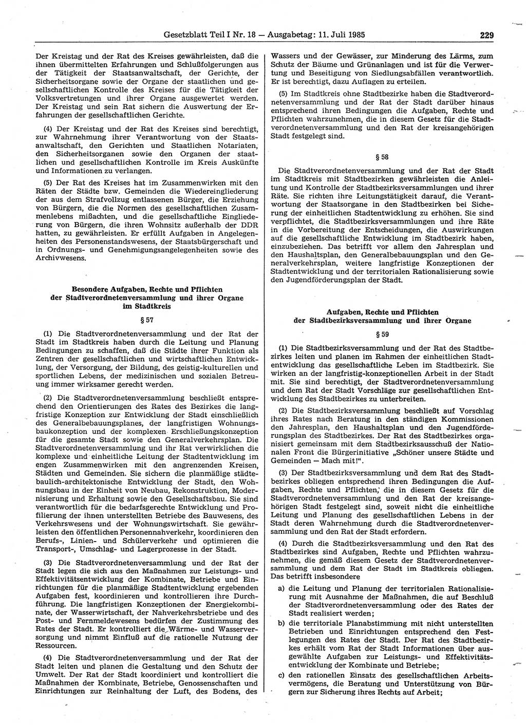 Gesetzblatt (GBl.) der Deutschen Demokratischen Republik (DDR) Teil Ⅰ 1985, Seite 229 (GBl. DDR Ⅰ 1985, S. 229)