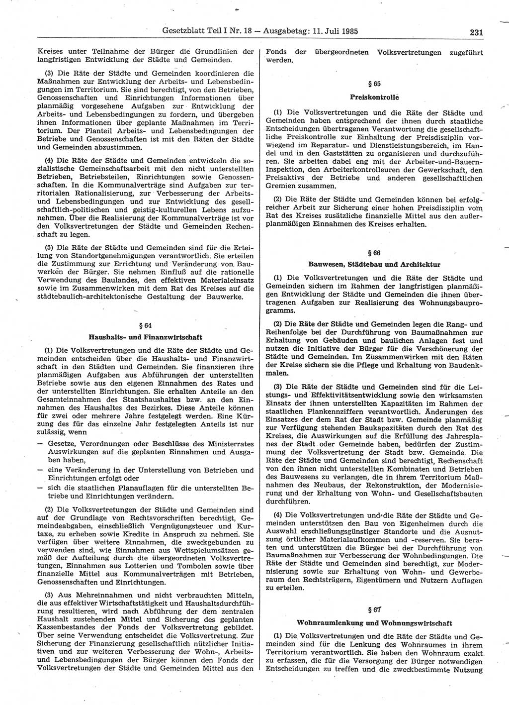 Gesetzblatt (GBl.) der Deutschen Demokratischen Republik (DDR) Teil Ⅰ 1985, Seite 231 (GBl. DDR Ⅰ 1985, S. 231)