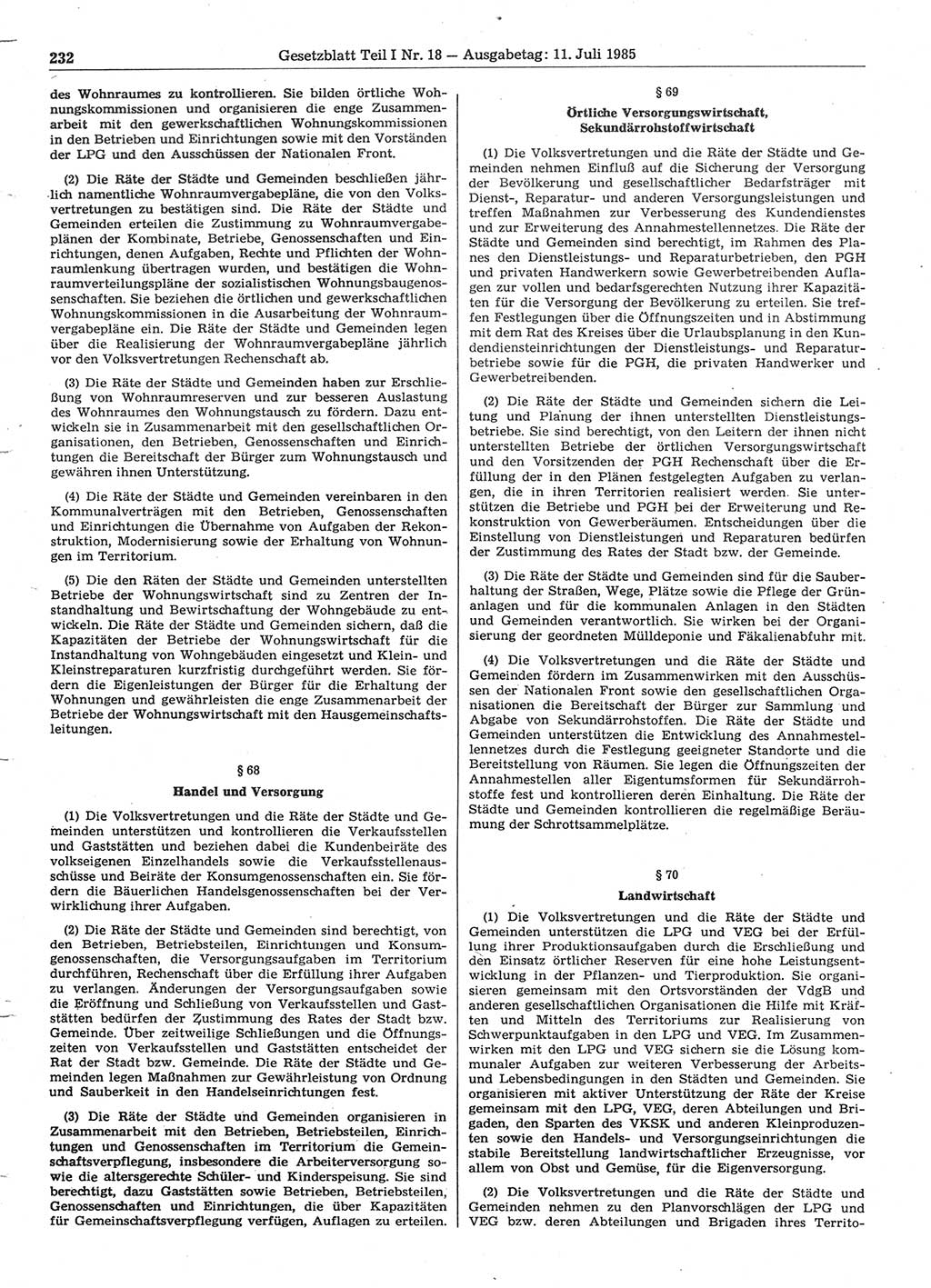 Gesetzblatt (GBl.) der Deutschen Demokratischen Republik (DDR) Teil Ⅰ 1985, Seite 232 (GBl. DDR Ⅰ 1985, S. 232)