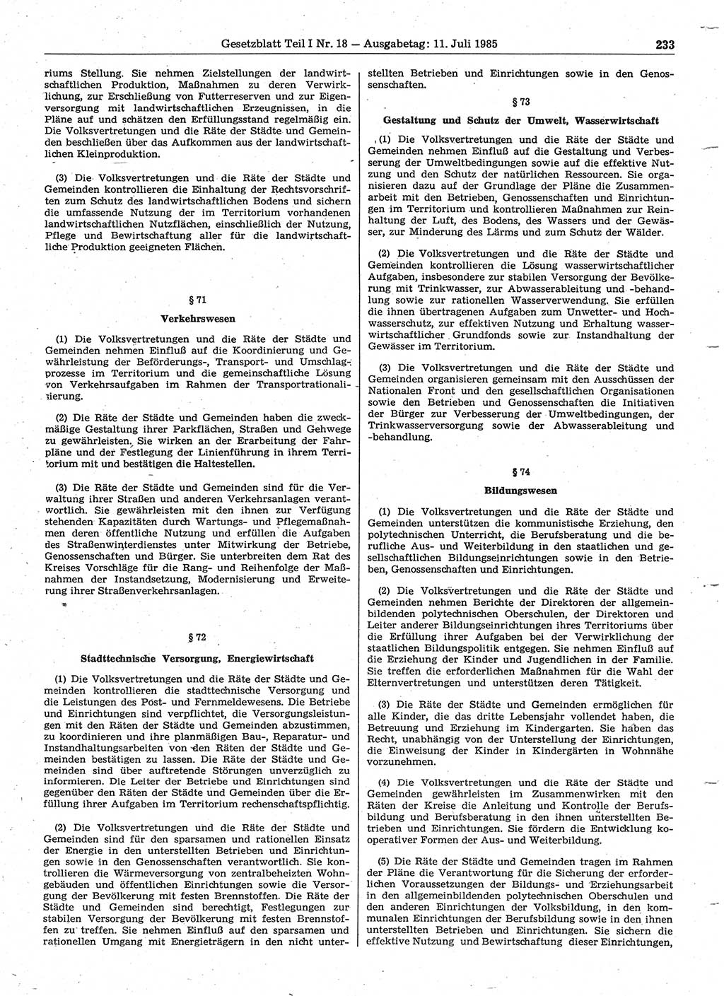 Gesetzblatt (GBl.) der Deutschen Demokratischen Republik (DDR) Teil Ⅰ 1985, Seite 233 (GBl. DDR Ⅰ 1985, S. 233)