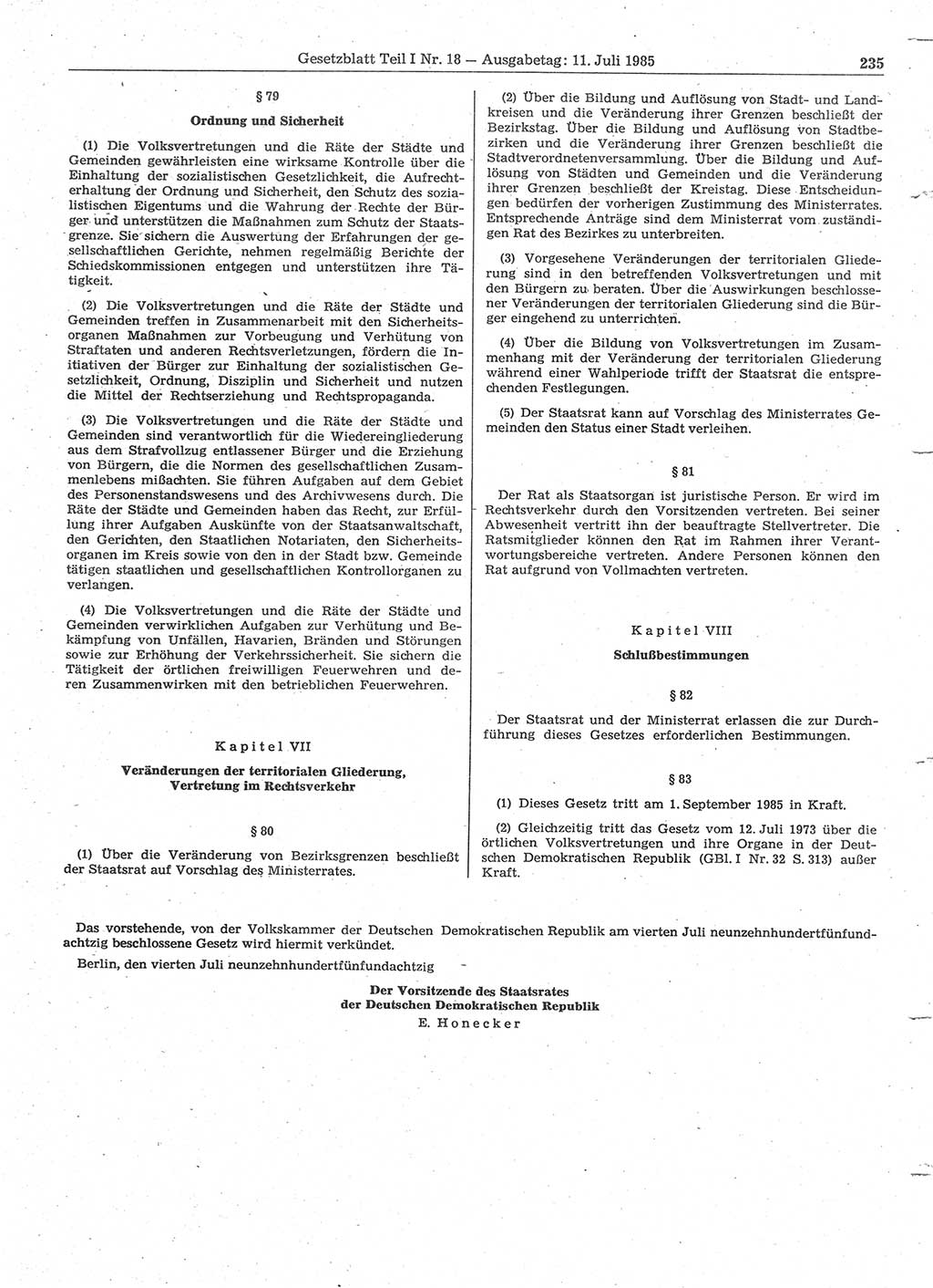Gesetzblatt (GBl.) der Deutschen Demokratischen Republik (DDR) Teil Ⅰ 1985, Seite 235 (GBl. DDR Ⅰ 1985, S. 235)