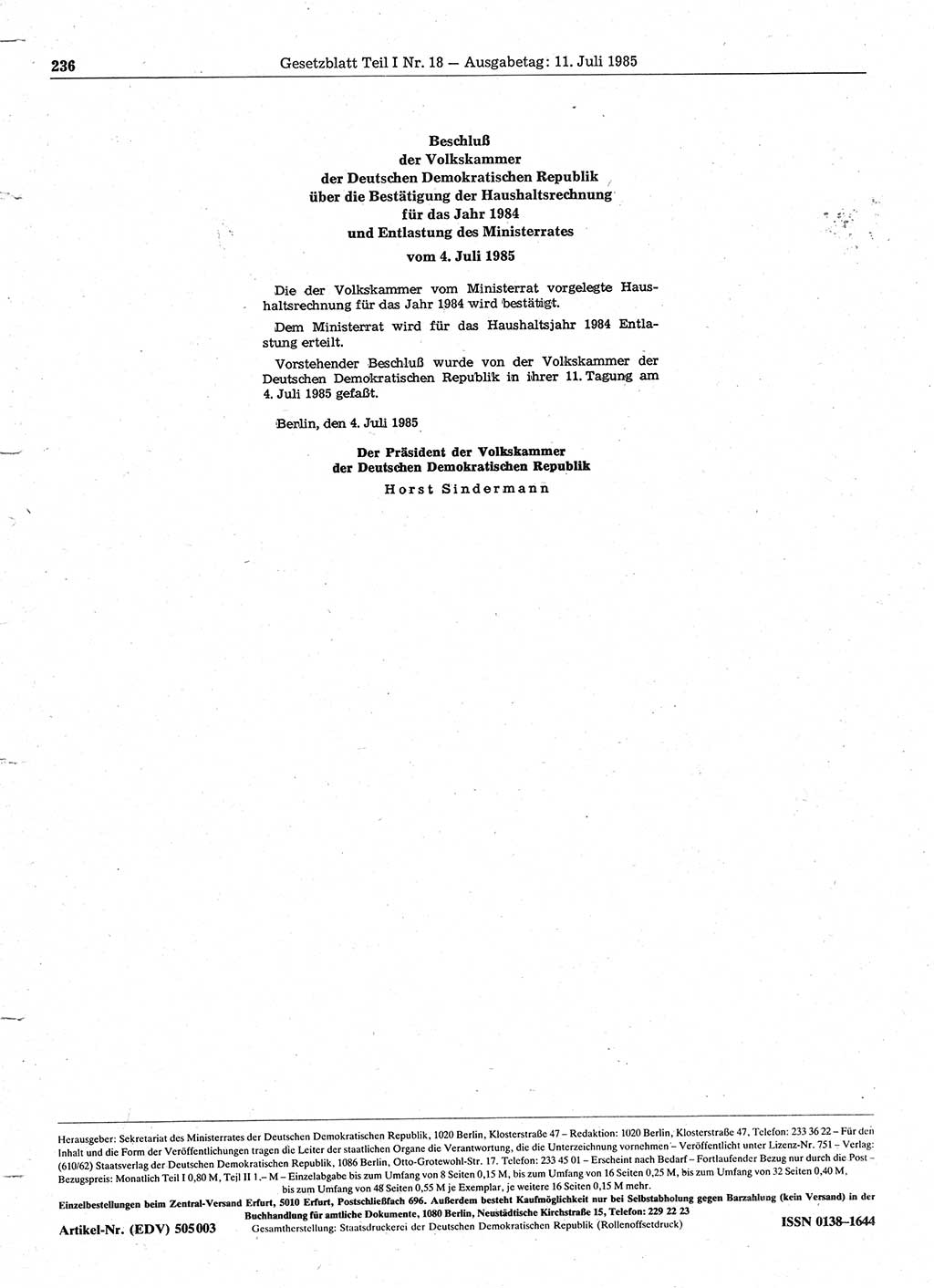 Gesetzblatt (GBl.) der Deutschen Demokratischen Republik (DDR) Teil Ⅰ 1985, Seite 236 (GBl. DDR Ⅰ 1985, S. 236)