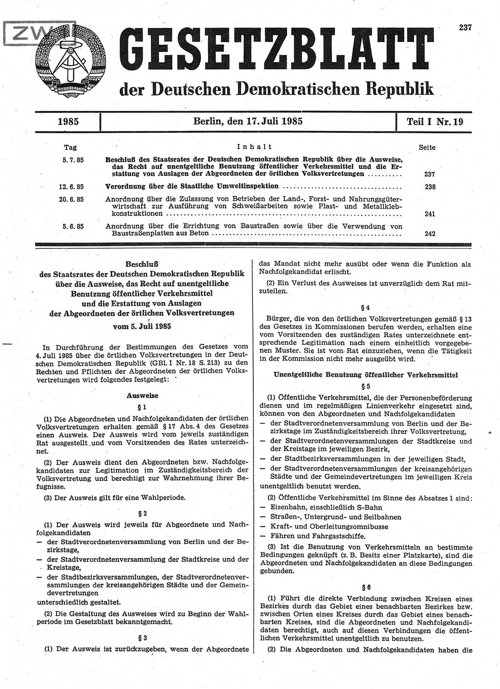 Gesetzblatt (GBl.) der Deutschen Demokratischen Republik (DDR) Teil Ⅰ 1985, Seite 237 (GBl. DDR Ⅰ 1985, S. 237)