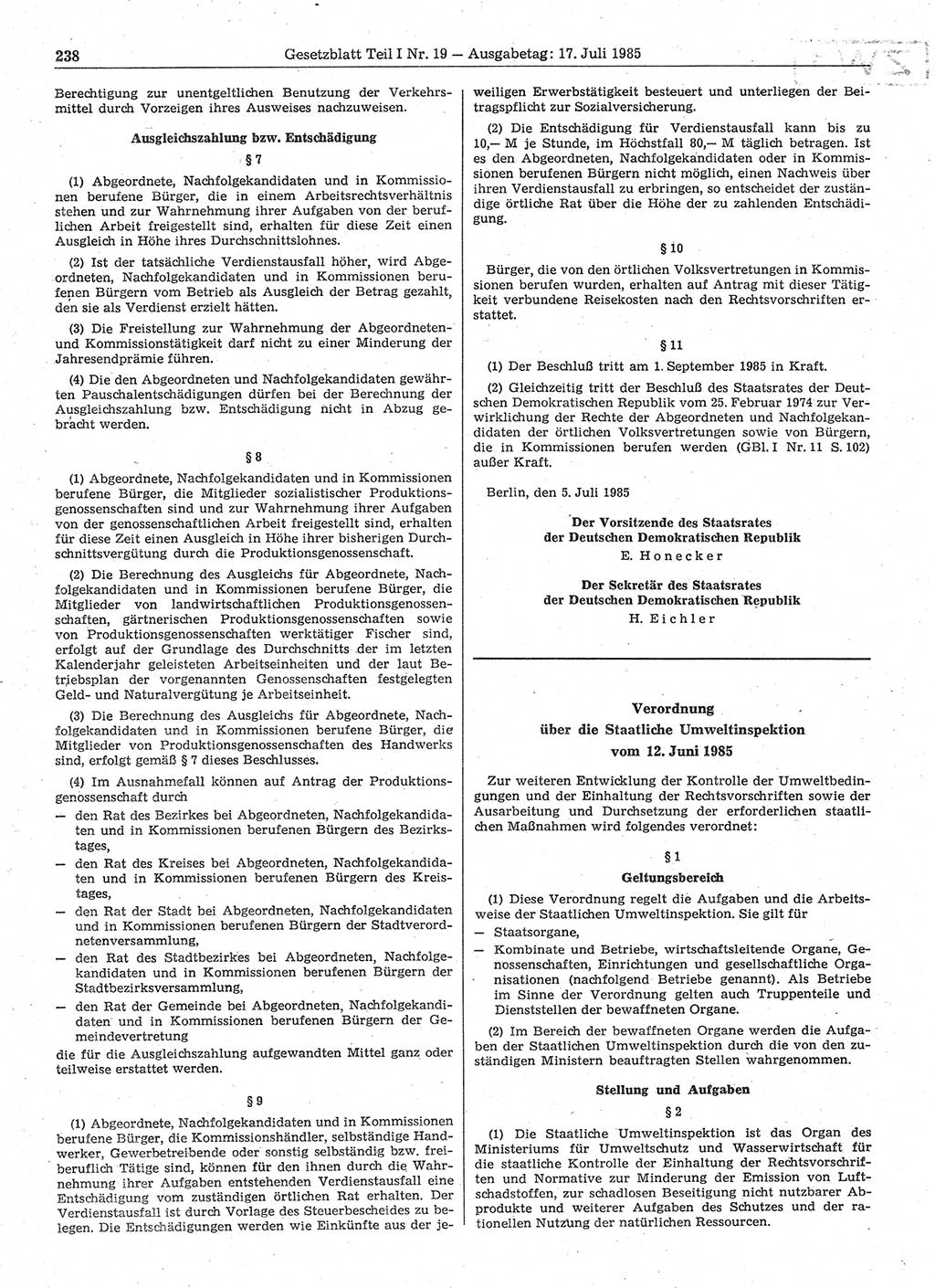 Gesetzblatt (GBl.) der Deutschen Demokratischen Republik (DDR) Teil Ⅰ 1985, Seite 238 (GBl. DDR Ⅰ 1985, S. 238)