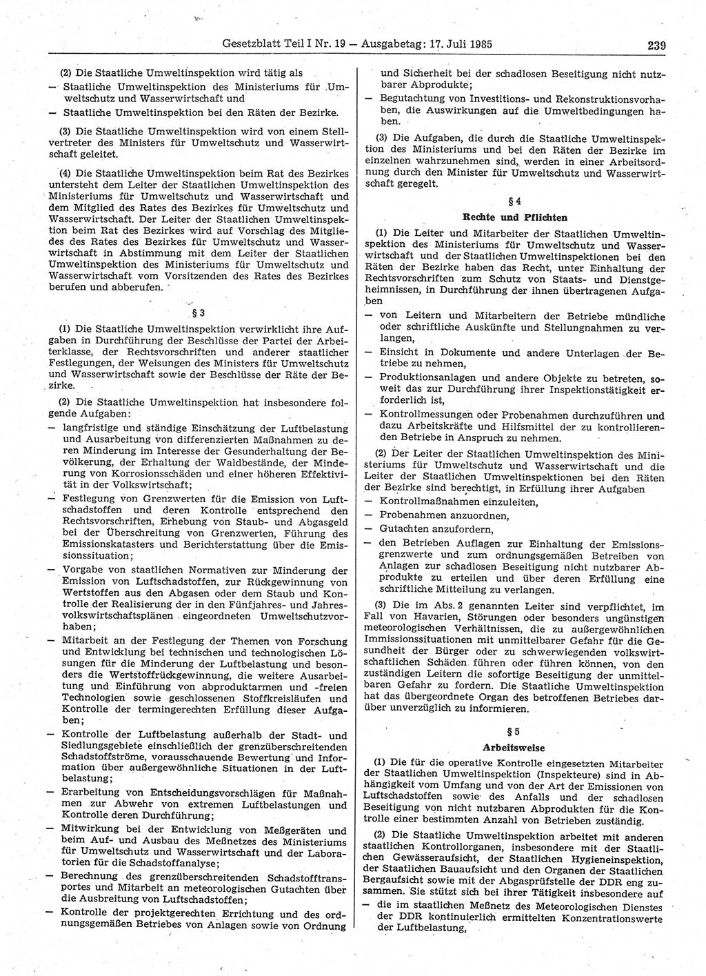 Gesetzblatt (GBl.) der Deutschen Demokratischen Republik (DDR) Teil Ⅰ 1985, Seite 239 (GBl. DDR Ⅰ 1985, S. 239)