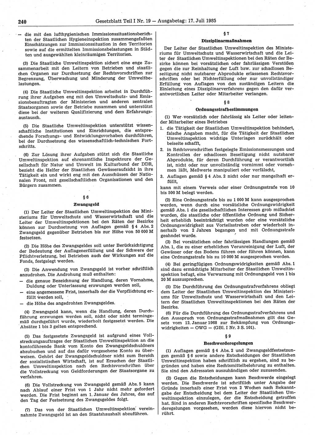 Gesetzblatt (GBl.) der Deutschen Demokratischen Republik (DDR) Teil Ⅰ 1985, Seite 240 (GBl. DDR Ⅰ 1985, S. 240)