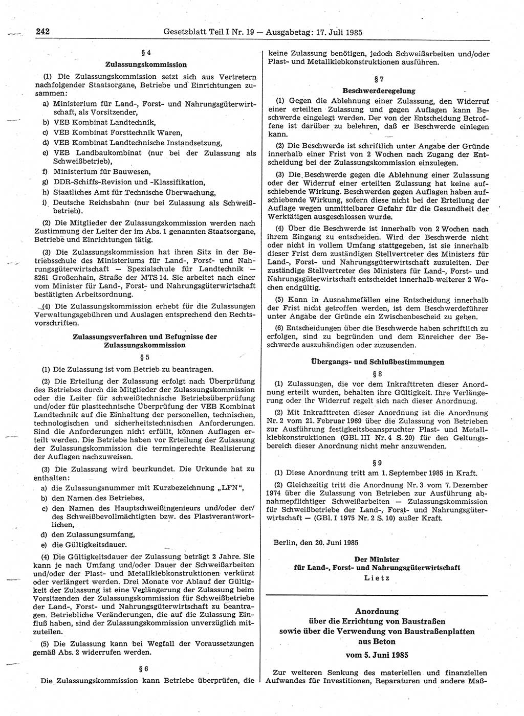 Gesetzblatt (GBl.) der Deutschen Demokratischen Republik (DDR) Teil Ⅰ 1985, Seite 242 (GBl. DDR Ⅰ 1985, S. 242)
