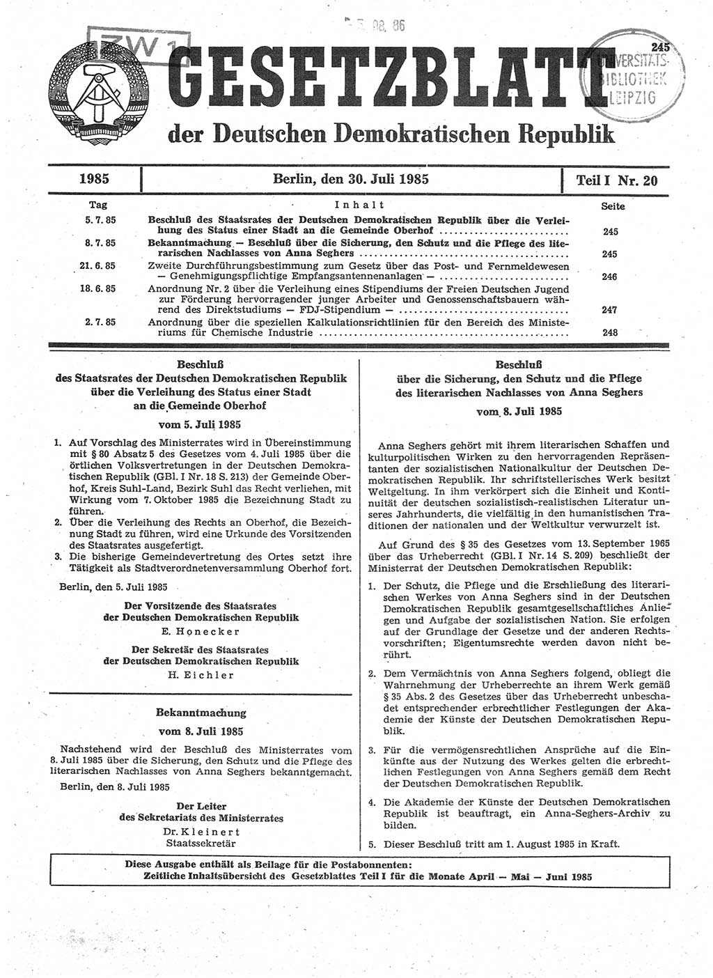 Gesetzblatt (GBl.) der Deutschen Demokratischen Republik (DDR) Teil Ⅰ 1985, Seite 245 (GBl. DDR Ⅰ 1985, S. 245)