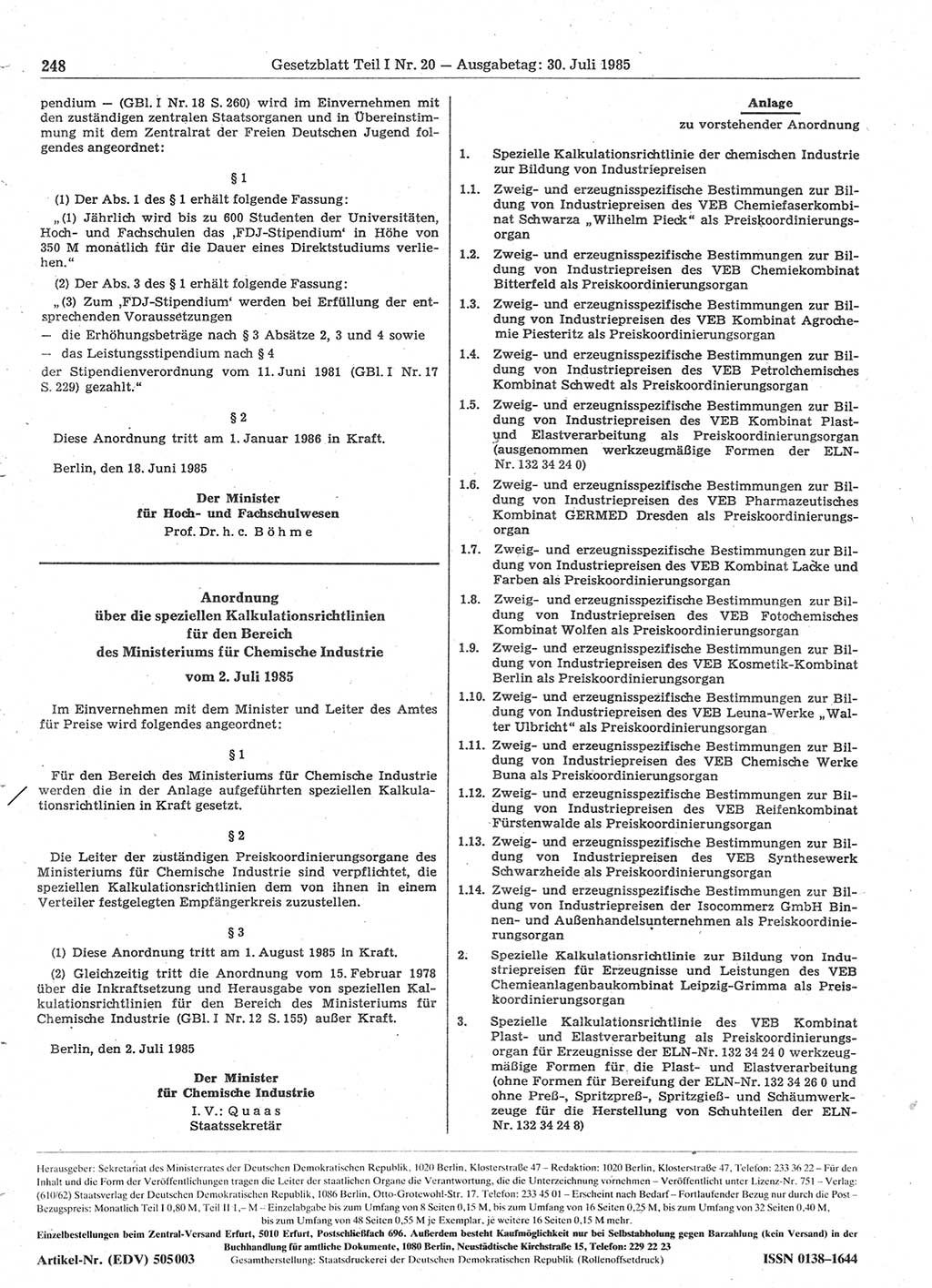 Gesetzblatt (GBl.) der Deutschen Demokratischen Republik (DDR) Teil Ⅰ 1985, Seite 248 (GBl. DDR Ⅰ 1985, S. 248)