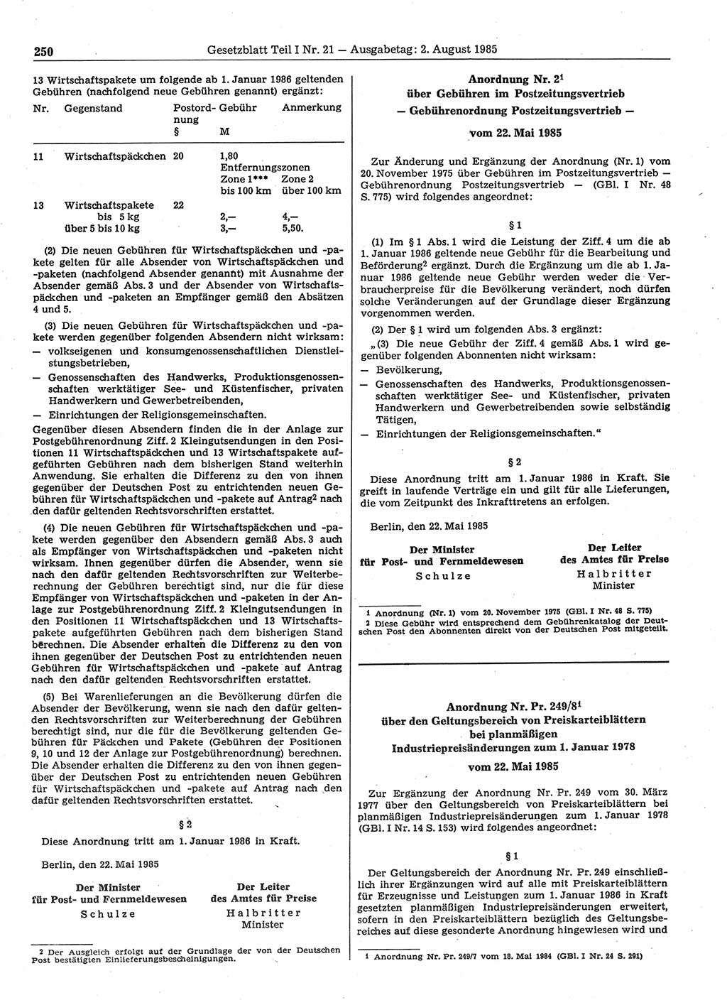 Gesetzblatt (GBl.) der Deutschen Demokratischen Republik (DDR) Teil Ⅰ 1985, Seite 250 (GBl. DDR Ⅰ 1985, S. 250)