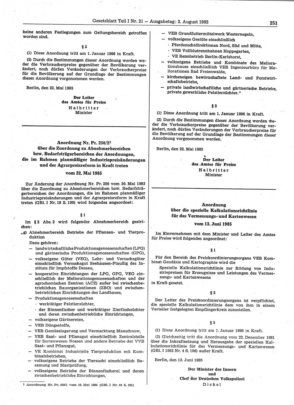 Gesetzblatt (GBl.) der Deutschen Demokratischen Republik (DDR) Teil Ⅰ 1985, Seite 251 (GBl. DDR Ⅰ 1985, S. 251)