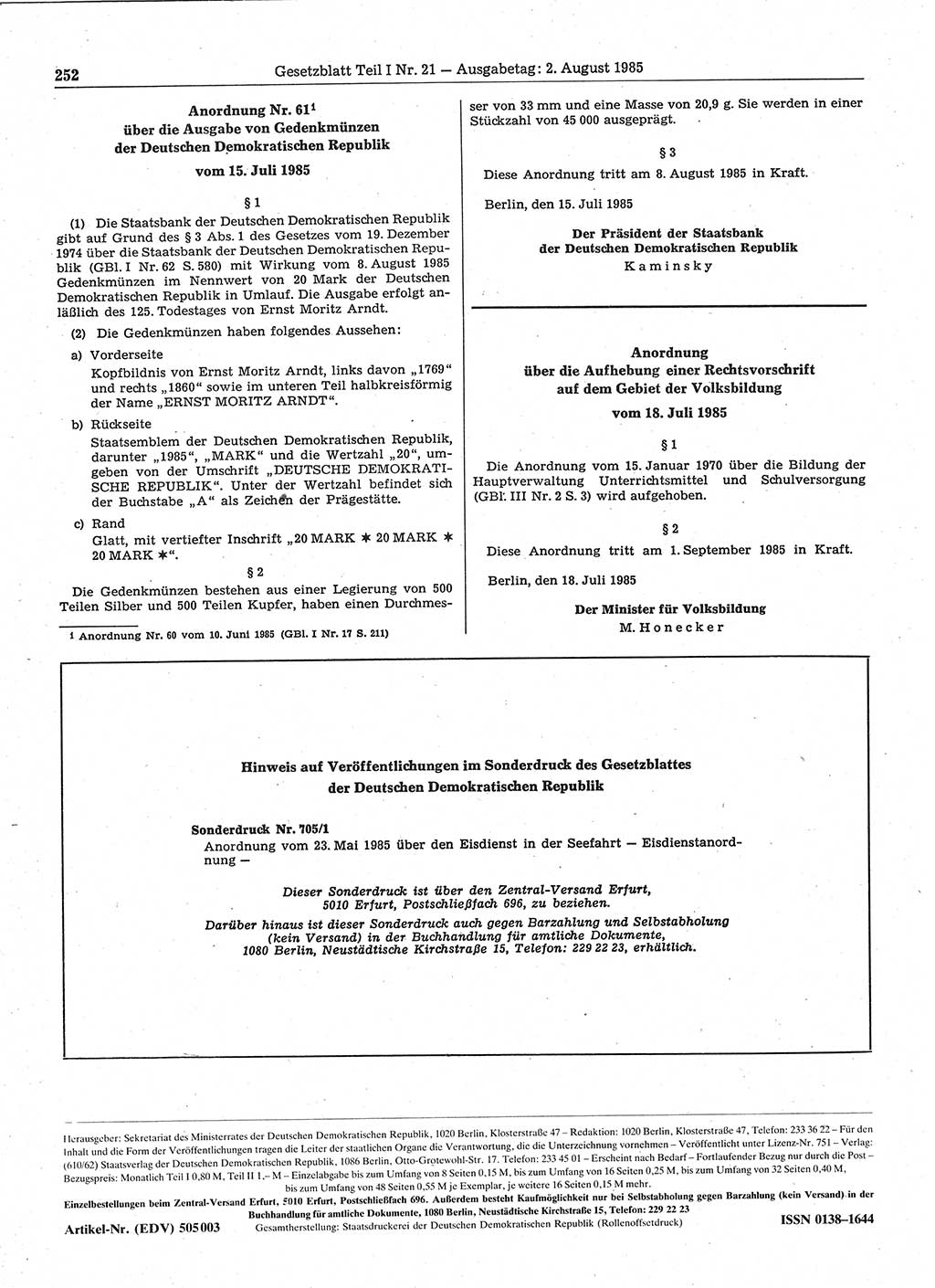 Gesetzblatt (GBl.) der Deutschen Demokratischen Republik (DDR) Teil Ⅰ 1985, Seite 252 (GBl. DDR Ⅰ 1985, S. 252)