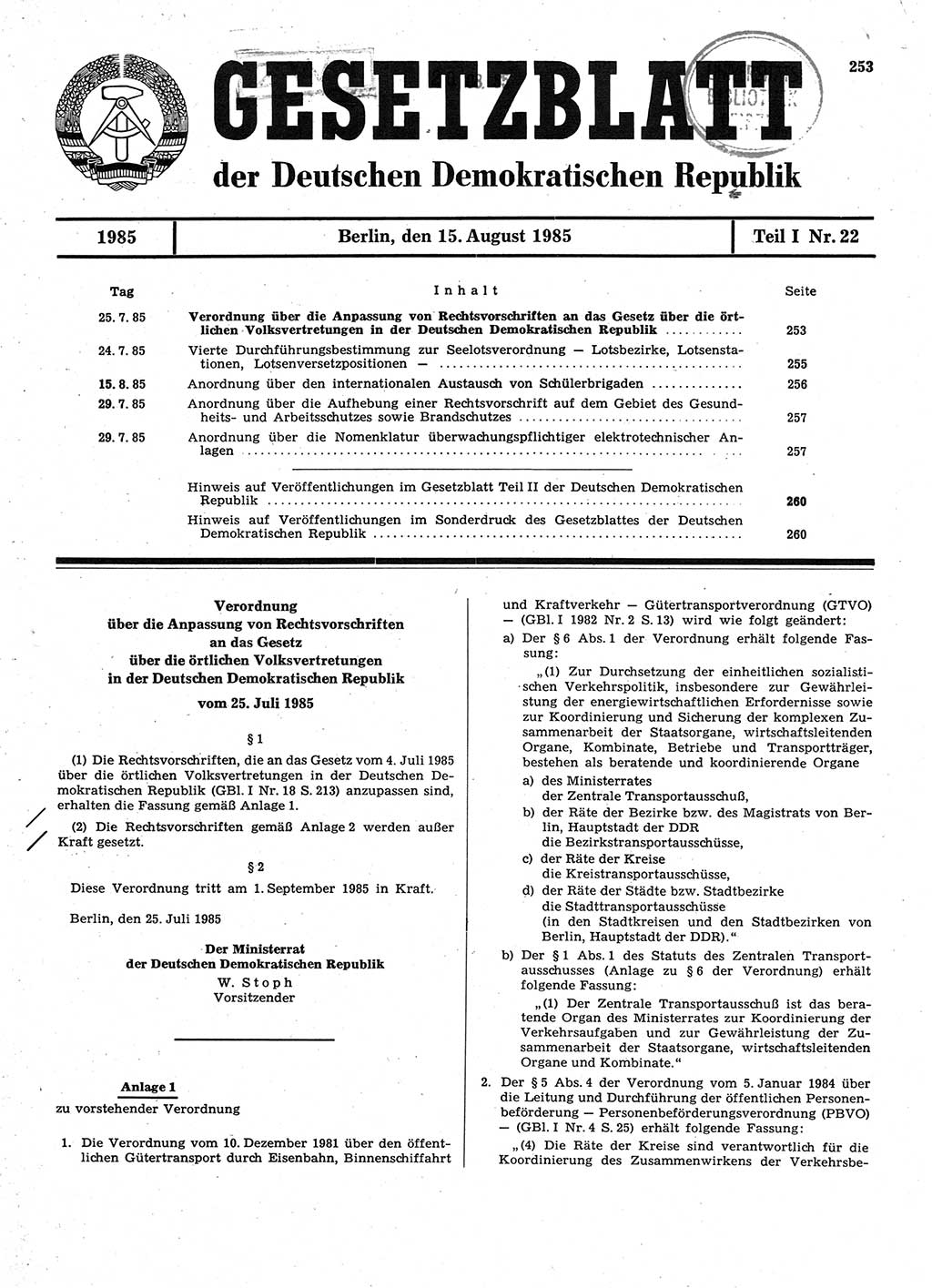 Gesetzblatt (GBl.) der Deutschen Demokratischen Republik (DDR) Teil Ⅰ 1985, Seite 253 (GBl. DDR Ⅰ 1985, S. 253)