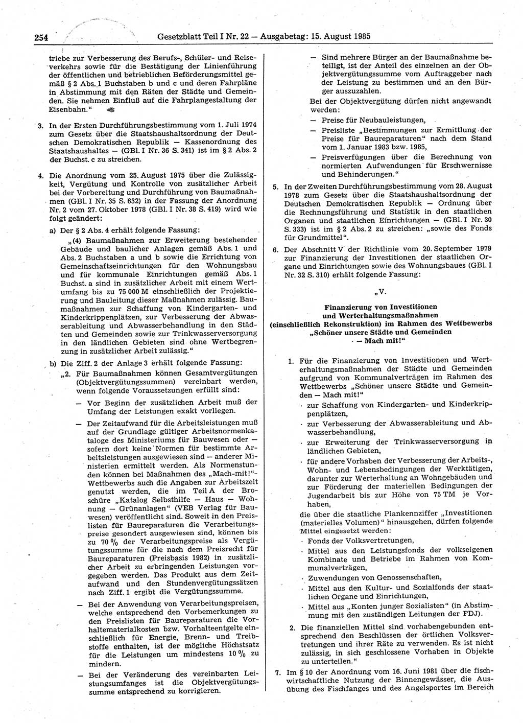 Gesetzblatt (GBl.) der Deutschen Demokratischen Republik (DDR) Teil Ⅰ 1985, Seite 254 (GBl. DDR Ⅰ 1985, S. 254)