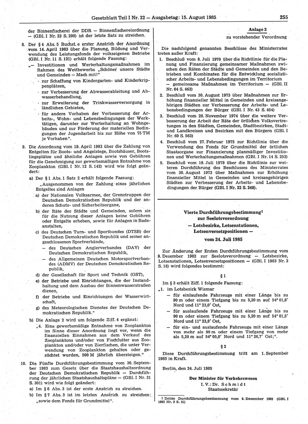 Gesetzblatt (GBl.) der Deutschen Demokratischen Republik (DDR) Teil Ⅰ 1985, Seite 255 (GBl. DDR Ⅰ 1985, S. 255)