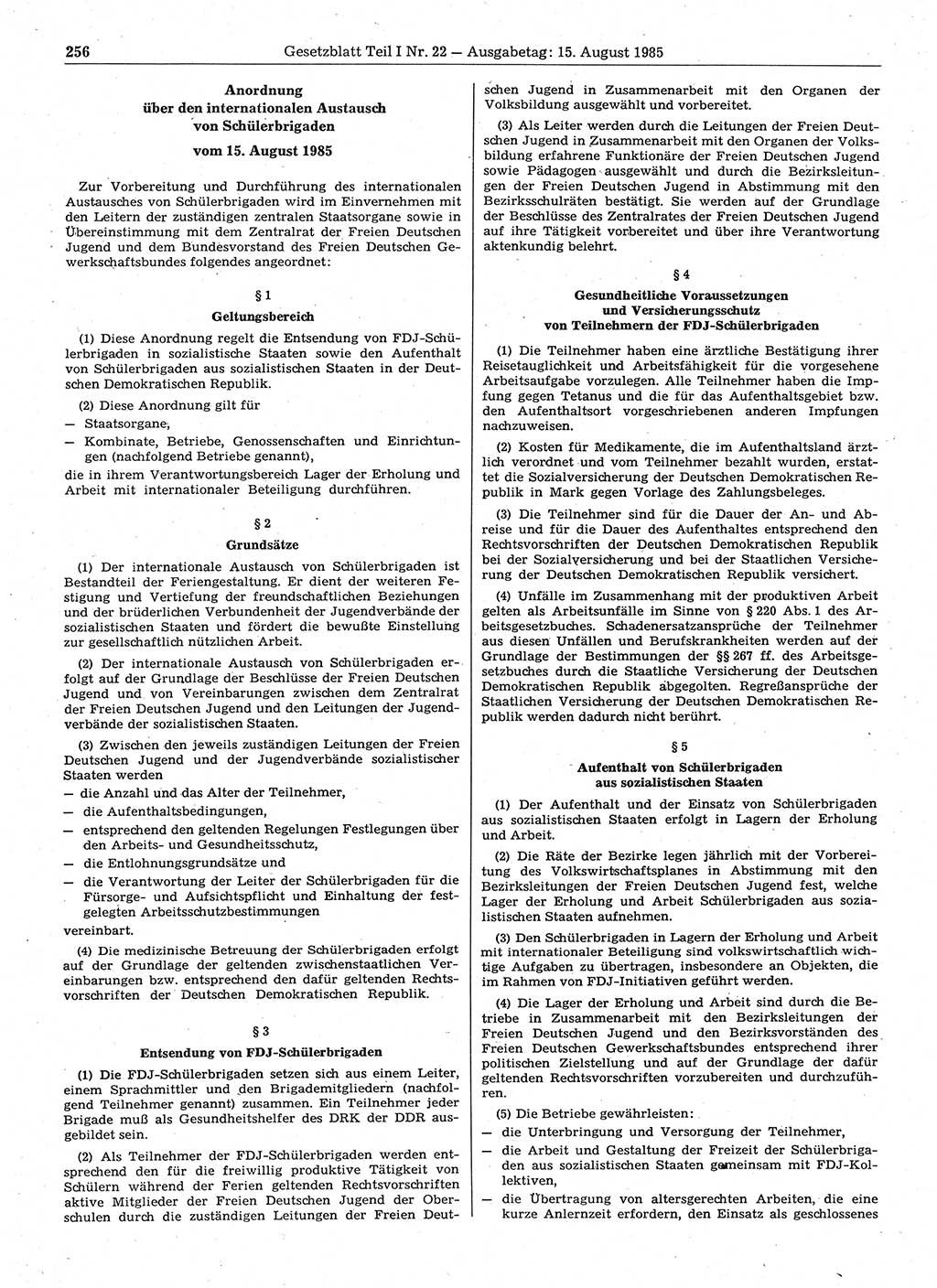 Gesetzblatt (GBl.) der Deutschen Demokratischen Republik (DDR) Teil Ⅰ 1985, Seite 256 (GBl. DDR Ⅰ 1985, S. 256)