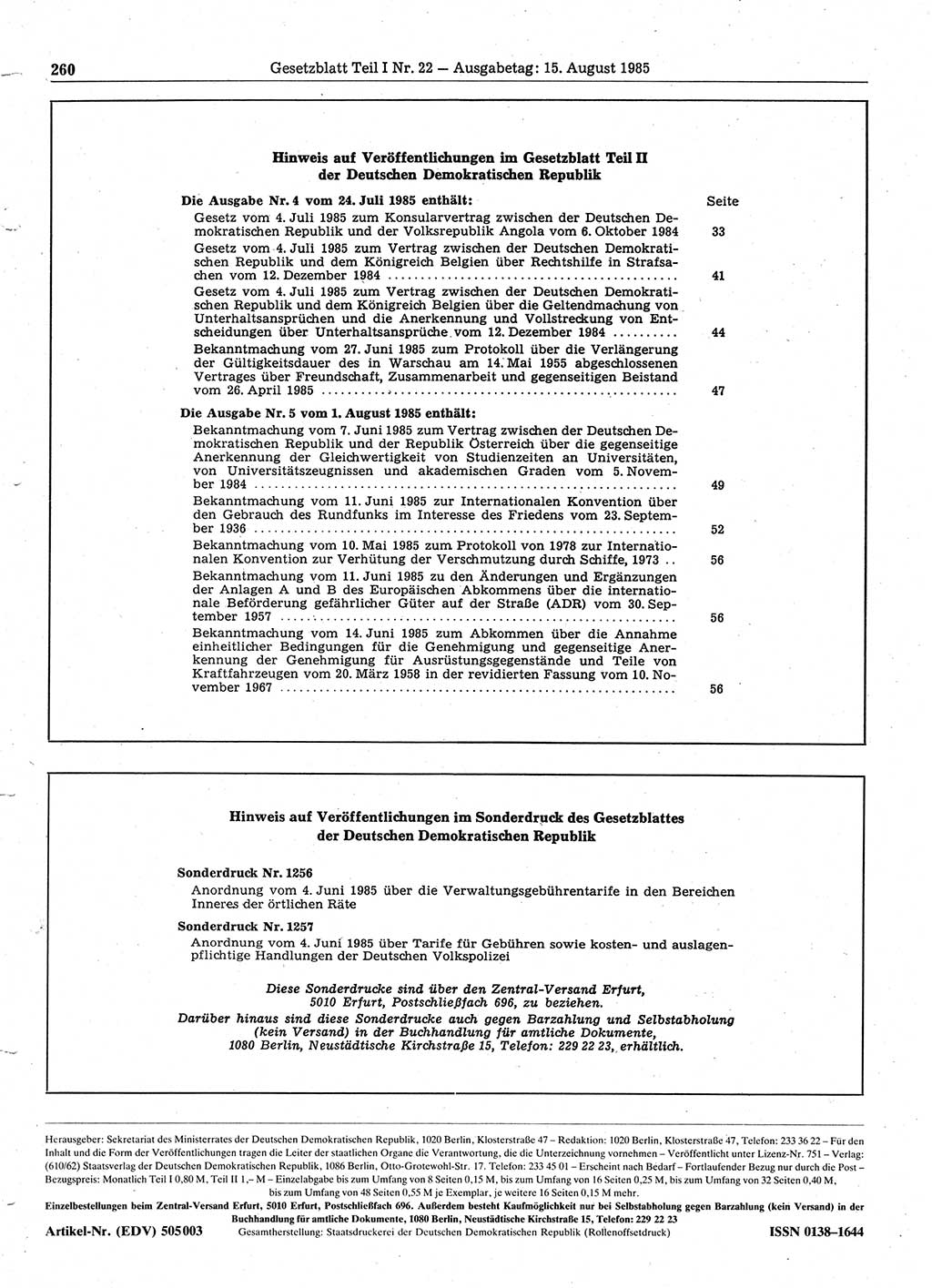 Gesetzblatt (GBl.) der Deutschen Demokratischen Republik (DDR) Teil Ⅰ 1985, Seite 260 (GBl. DDR Ⅰ 1985, S. 260)