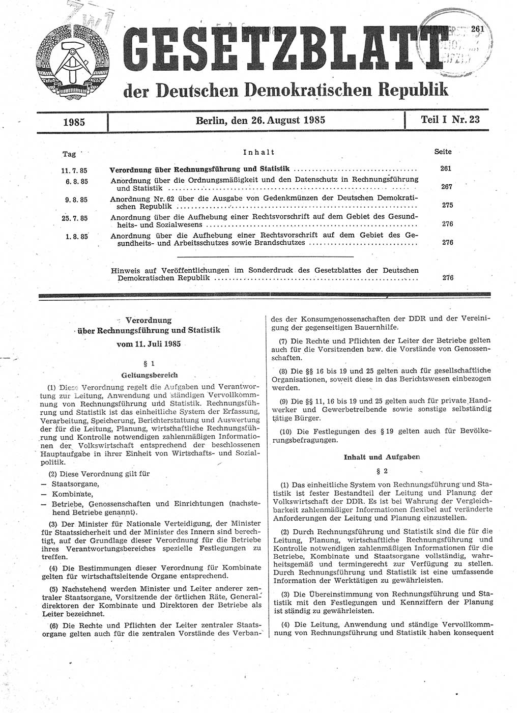 Gesetzblatt (GBl.) der Deutschen Demokratischen Republik (DDR) Teil Ⅰ 1985, Seite 261 (GBl. DDR Ⅰ 1985, S. 261)